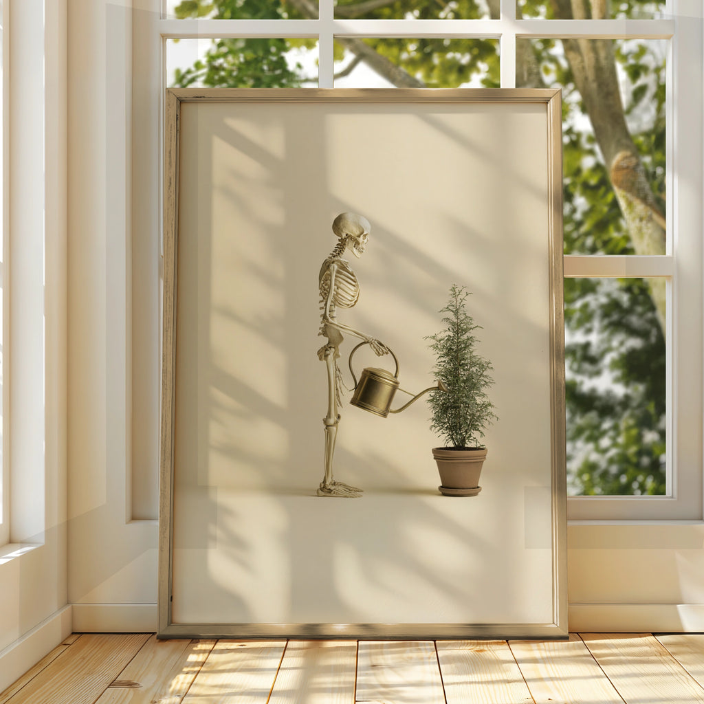 Skeleton Watering Plant Poster, Quirky Botanical Wall Art, Beige Minimalist Print