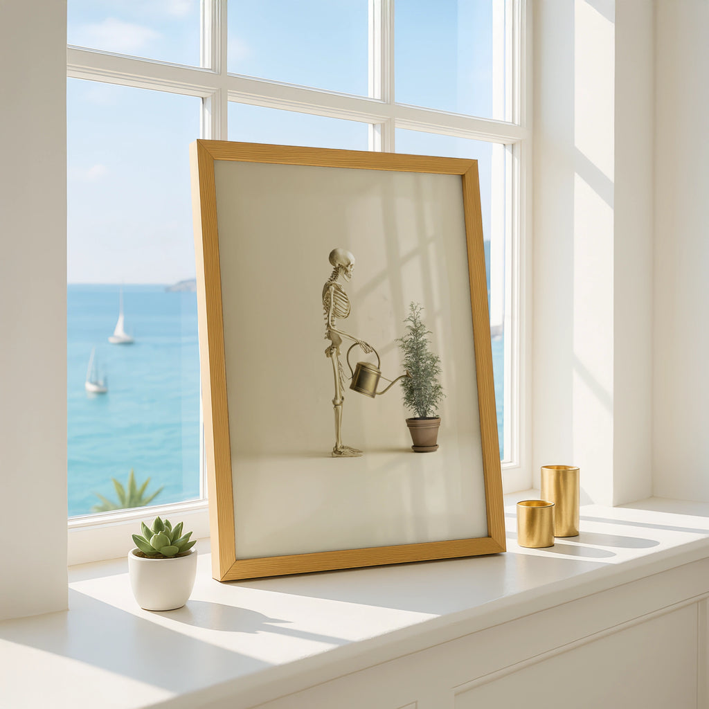 Skeleton Watering Plant Poster, Quirky Botanical Wall Art, Beige Minimalist Print