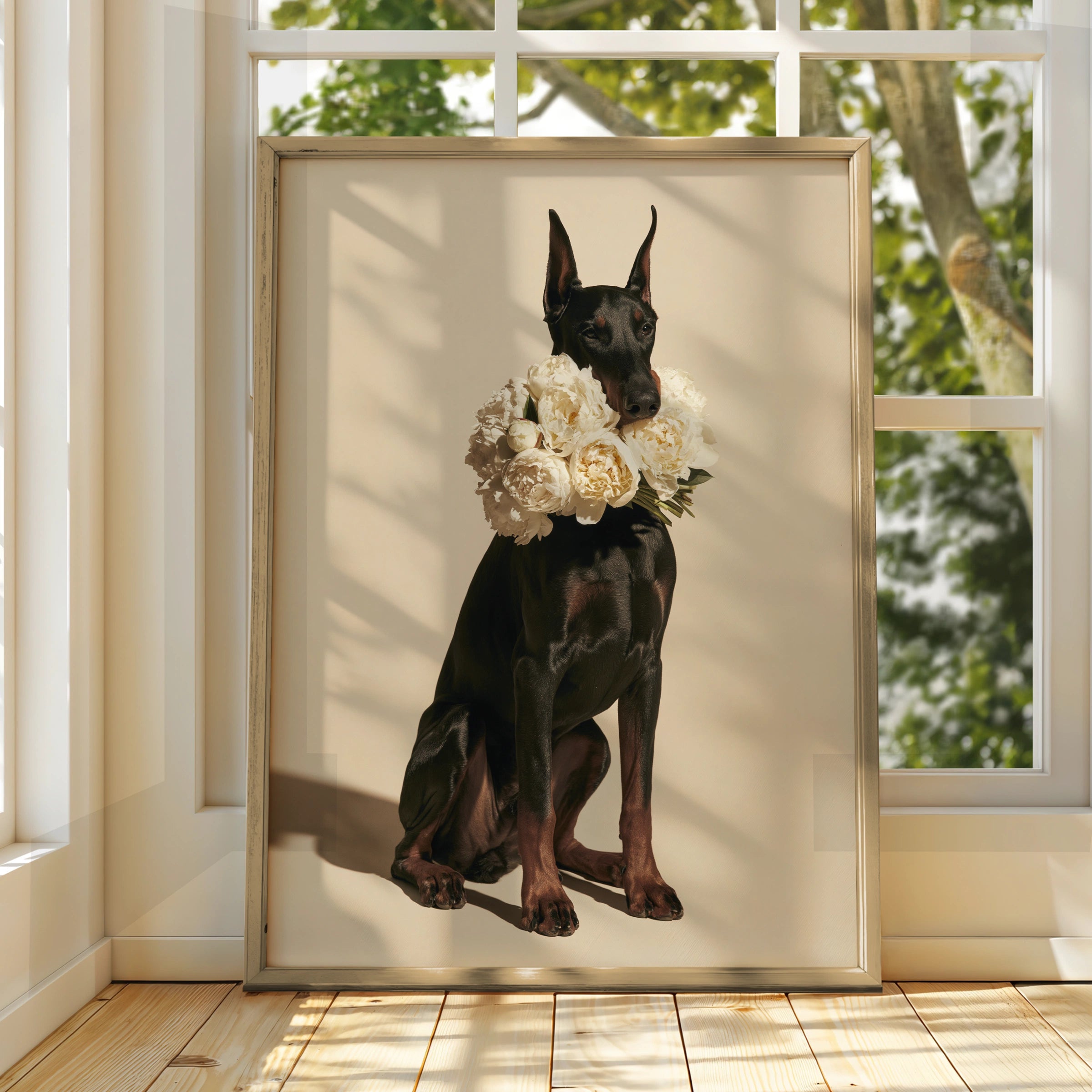 Dobermann with Peonies Poster, Elegant Black Dog Wall Art Print