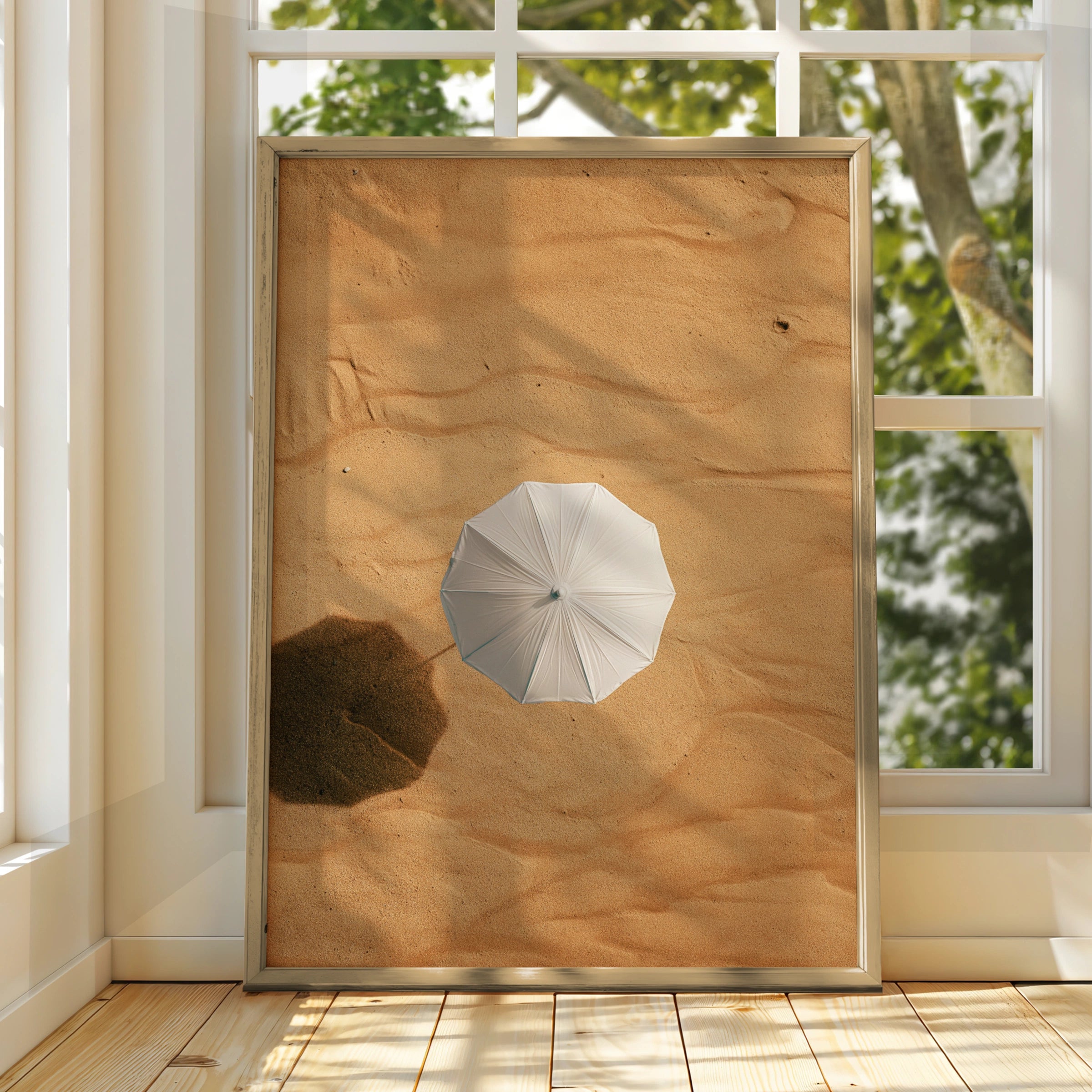 White Umbrella Desert Sand Aerial Poster, Minimalist Photography Print