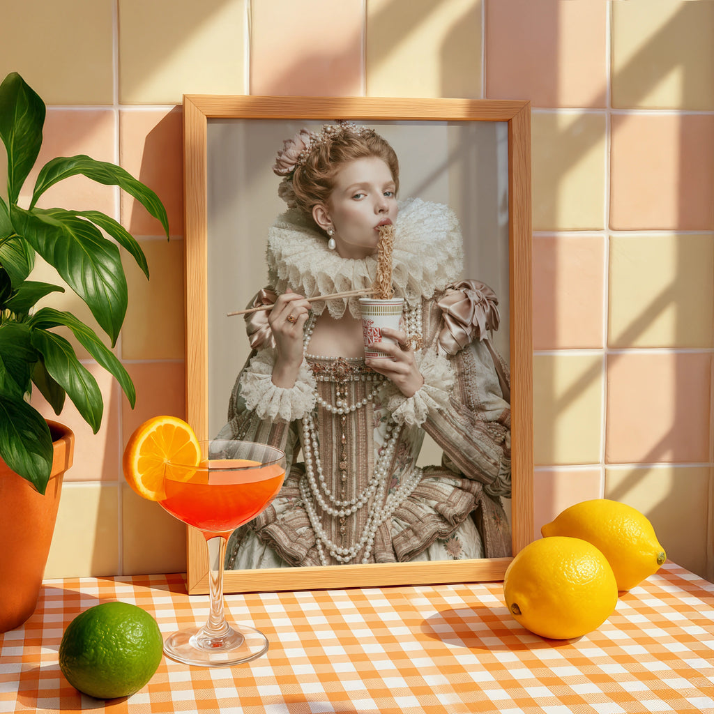 Renaissance Queen Eating Instant Noodles Poster, Baroque Humour Wall Art