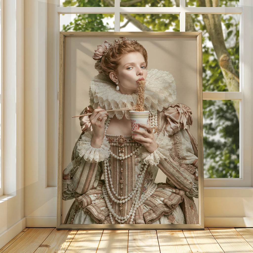 Renaissance Queen Eating Instant Noodles Poster, Baroque Humour Wall Art
