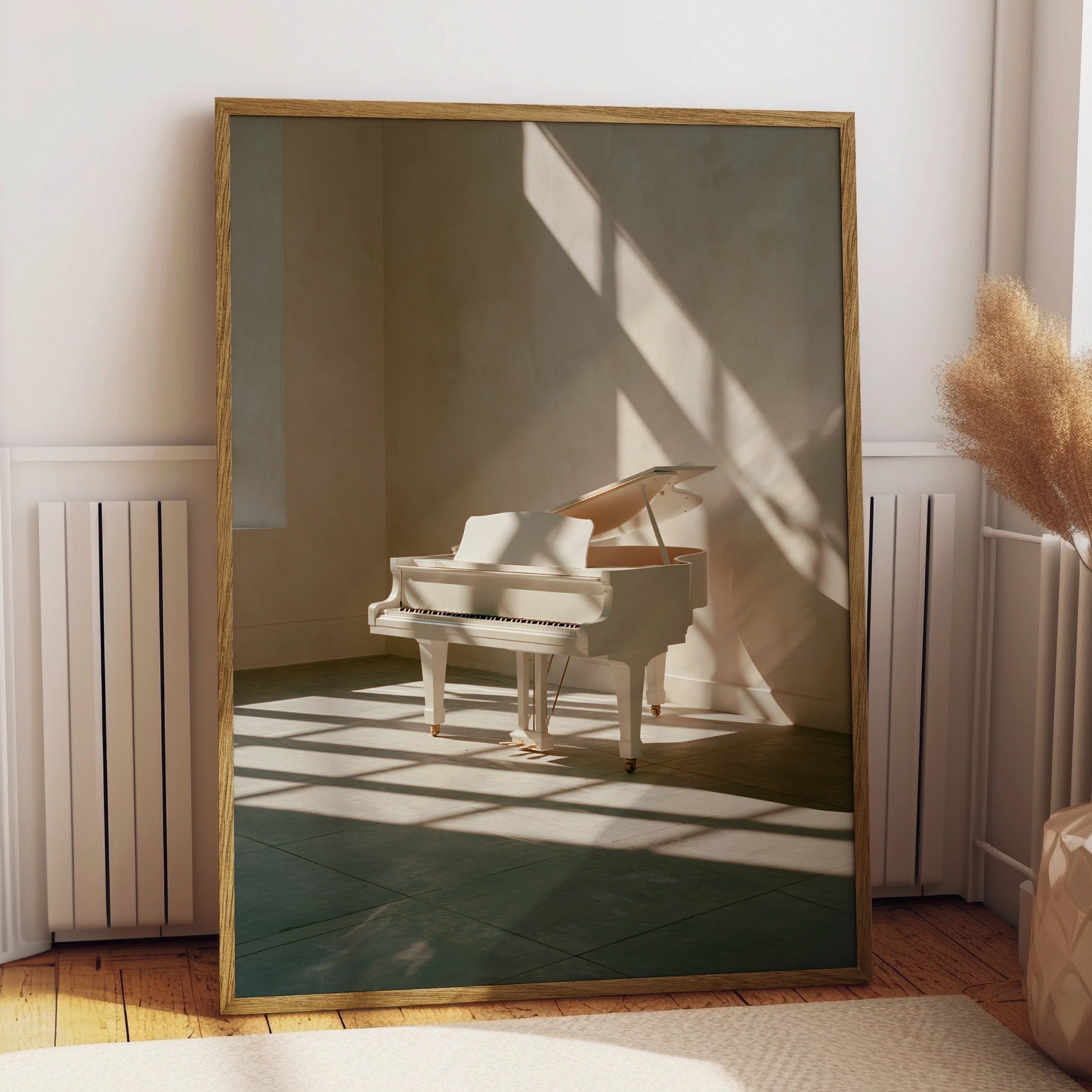 White Grand Piano Sunlight Poster, Minimalist Music Room Art Print