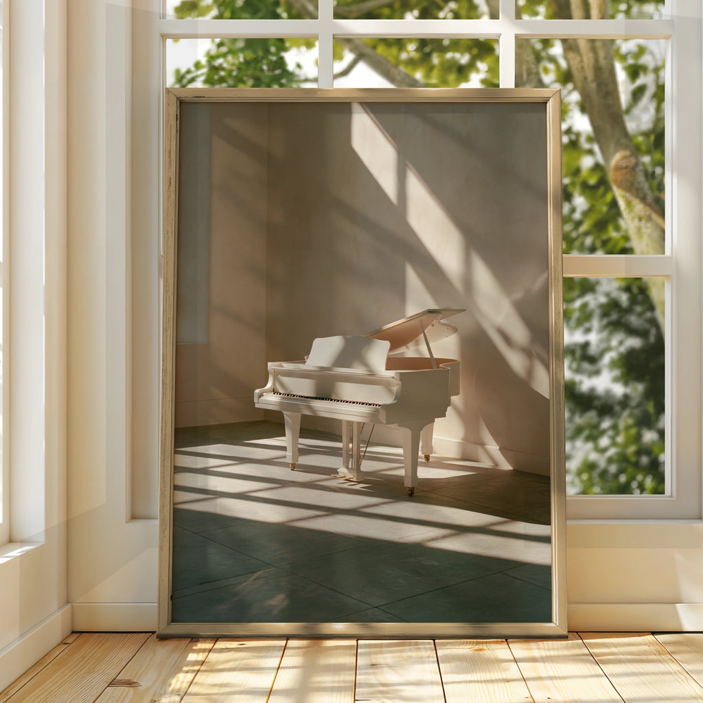 White Grand Piano Sunlight Poster, Minimalist Music Room Art Print