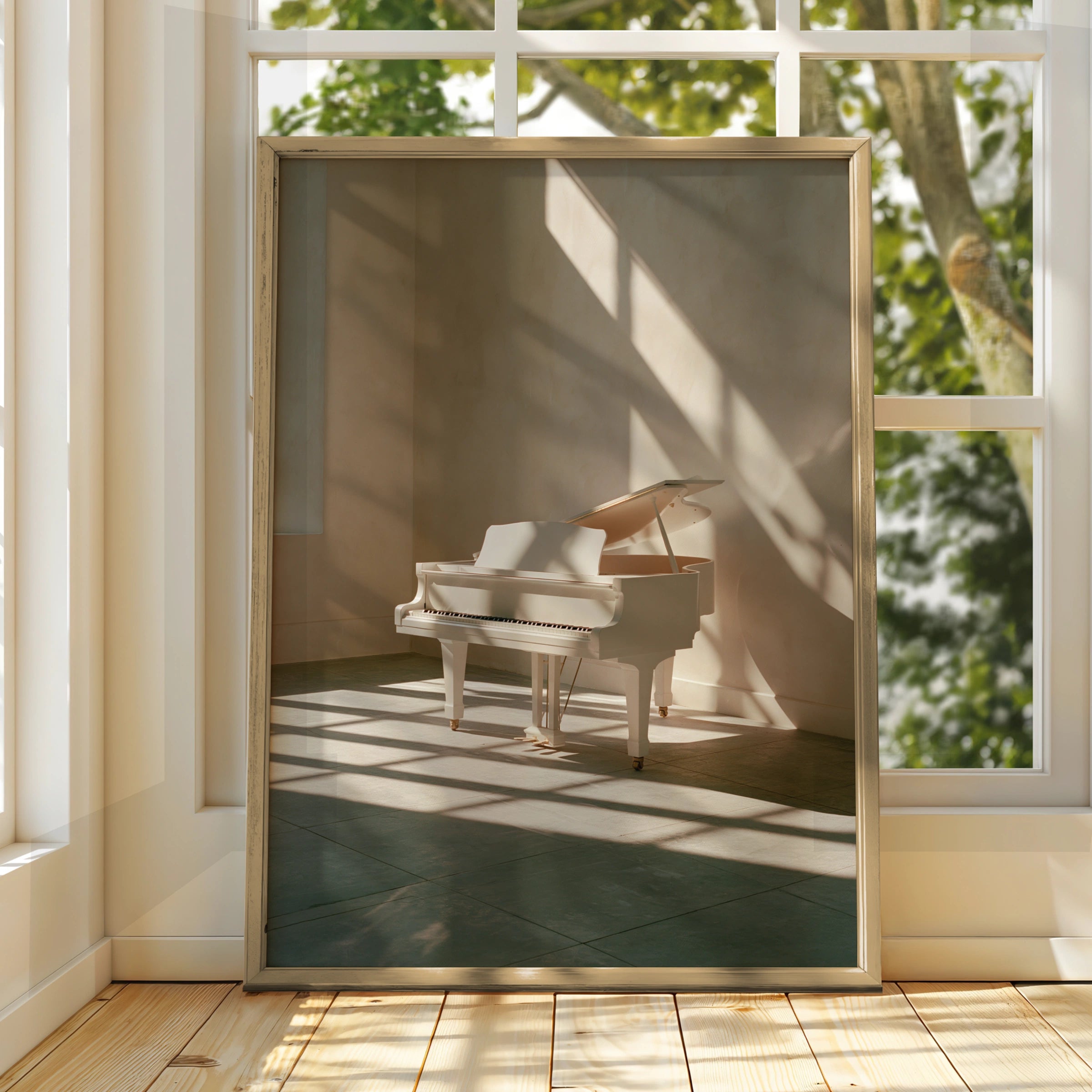 White Grand Piano Sunlight Poster, Minimalist Music Room Art Print