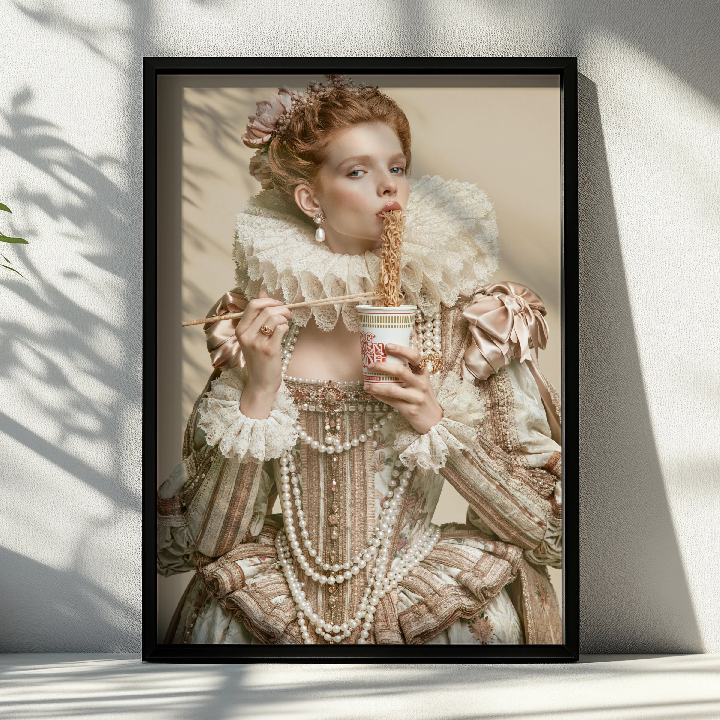 Renaissance Queen Eating Instant Noodles Poster, Baroque Humour Wall Art