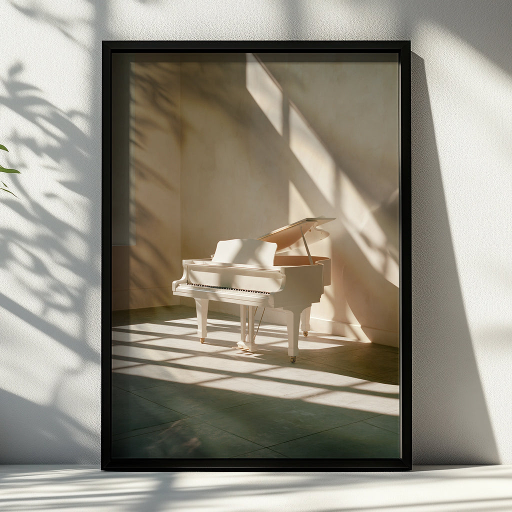 White Grand Piano Sunlight Poster, Minimalist Music Room Art Print