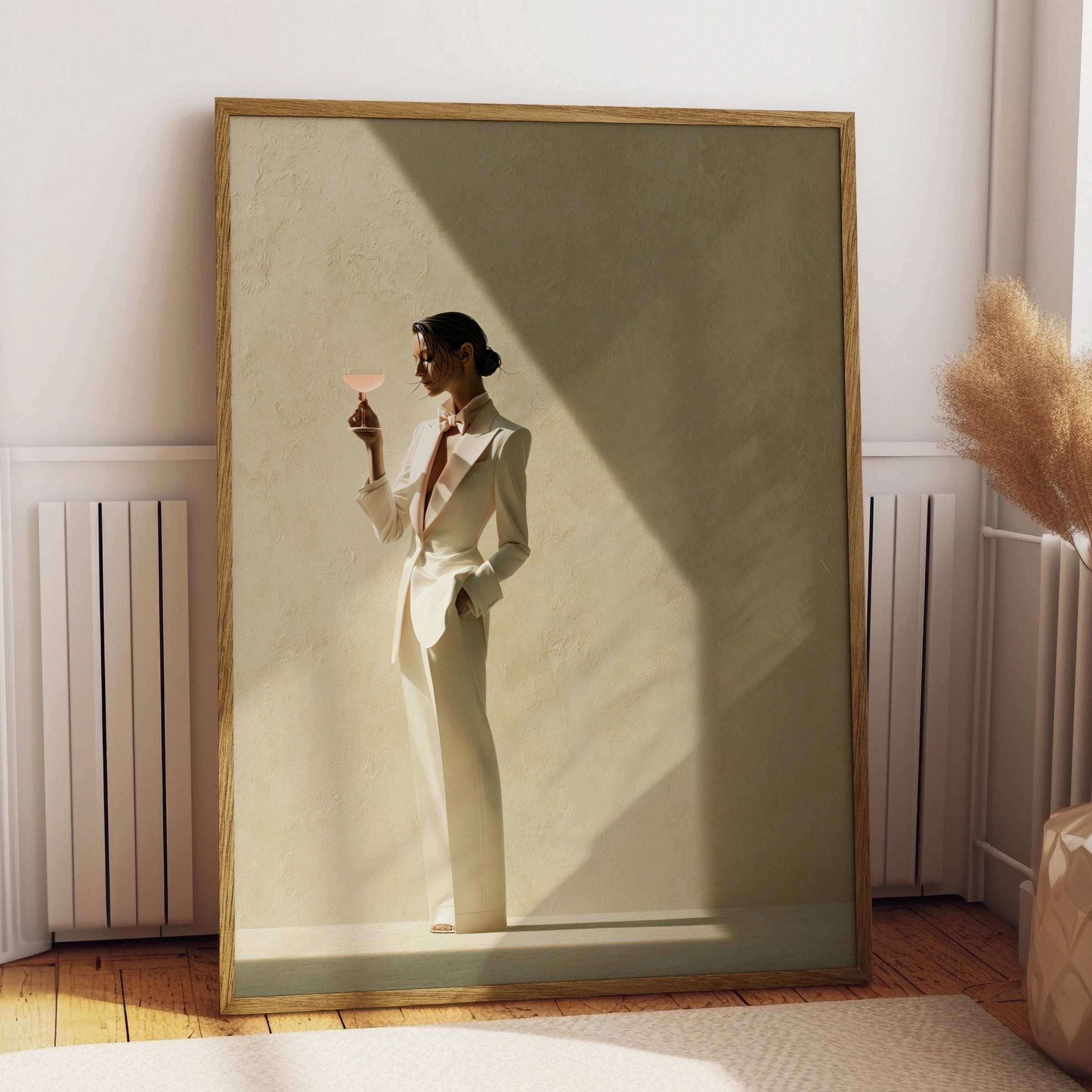 Woman White Tuxedo Cocktail Poster, Elegant Fashion Wall Art, Minimalist Print