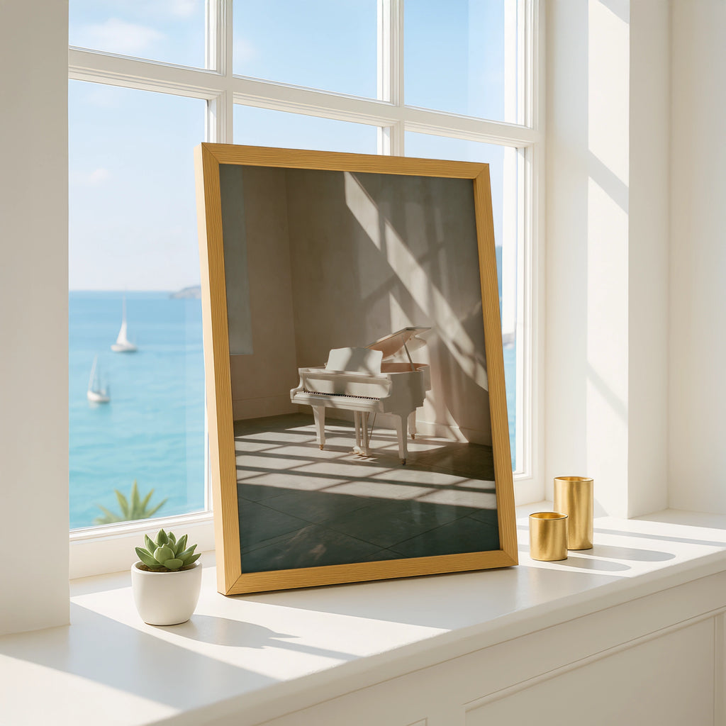 White Grand Piano Sunlight Poster, Minimalist Music Room Art Print
