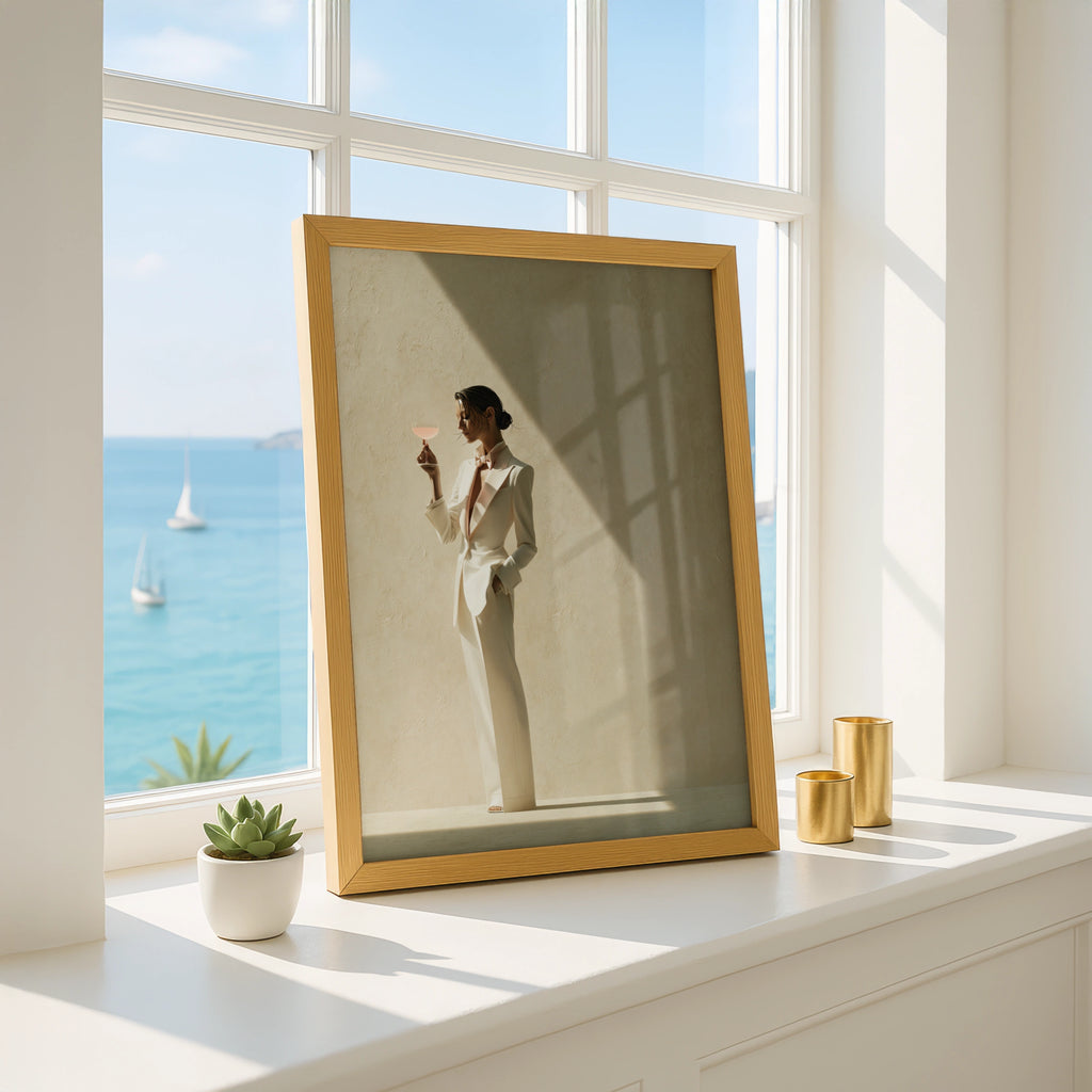 Woman White Tuxedo Cocktail Poster, Elegant Fashion Wall Art, Minimalist Print