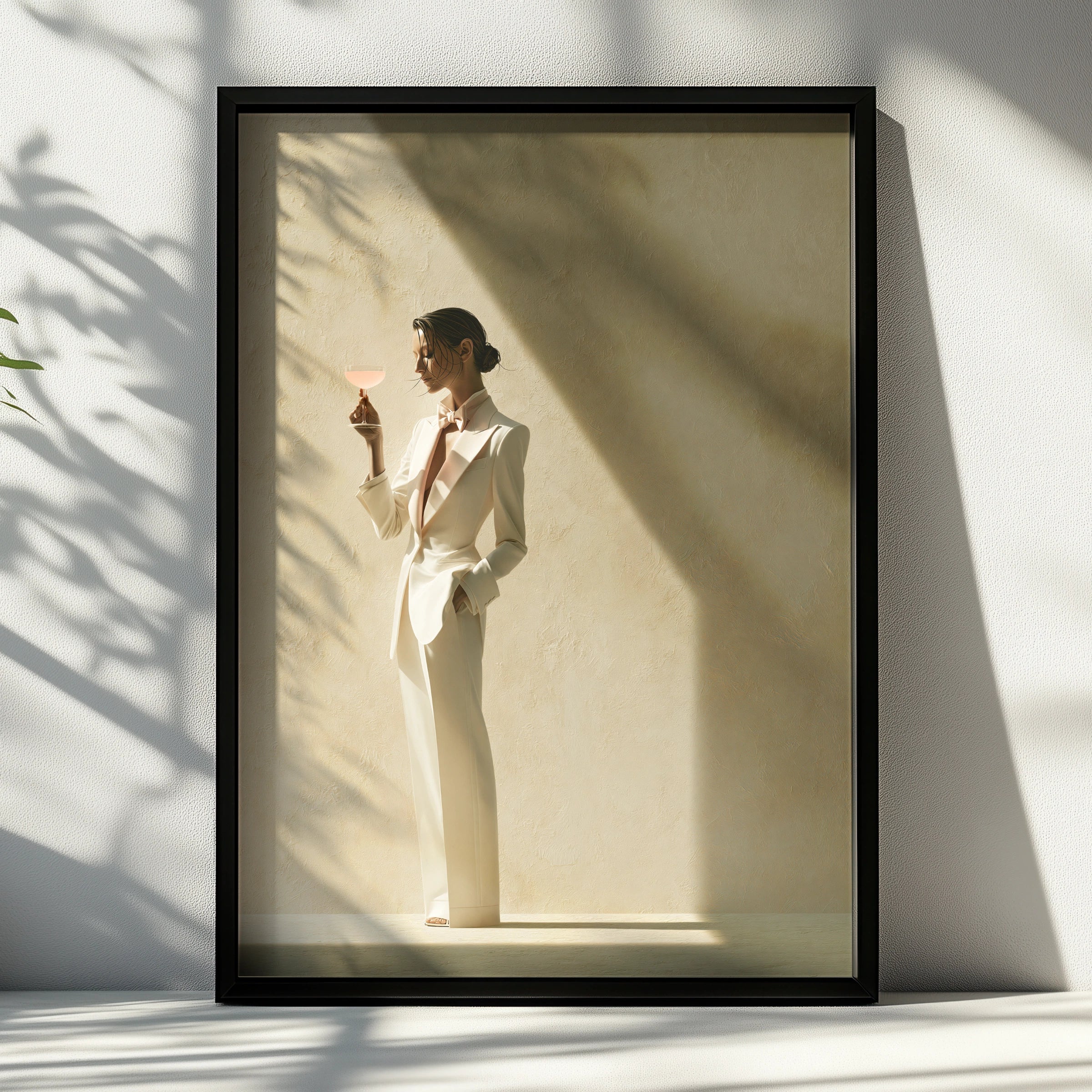 Woman White Tuxedo Cocktail Poster, Elegant Fashion Wall Art, Minimalist Print