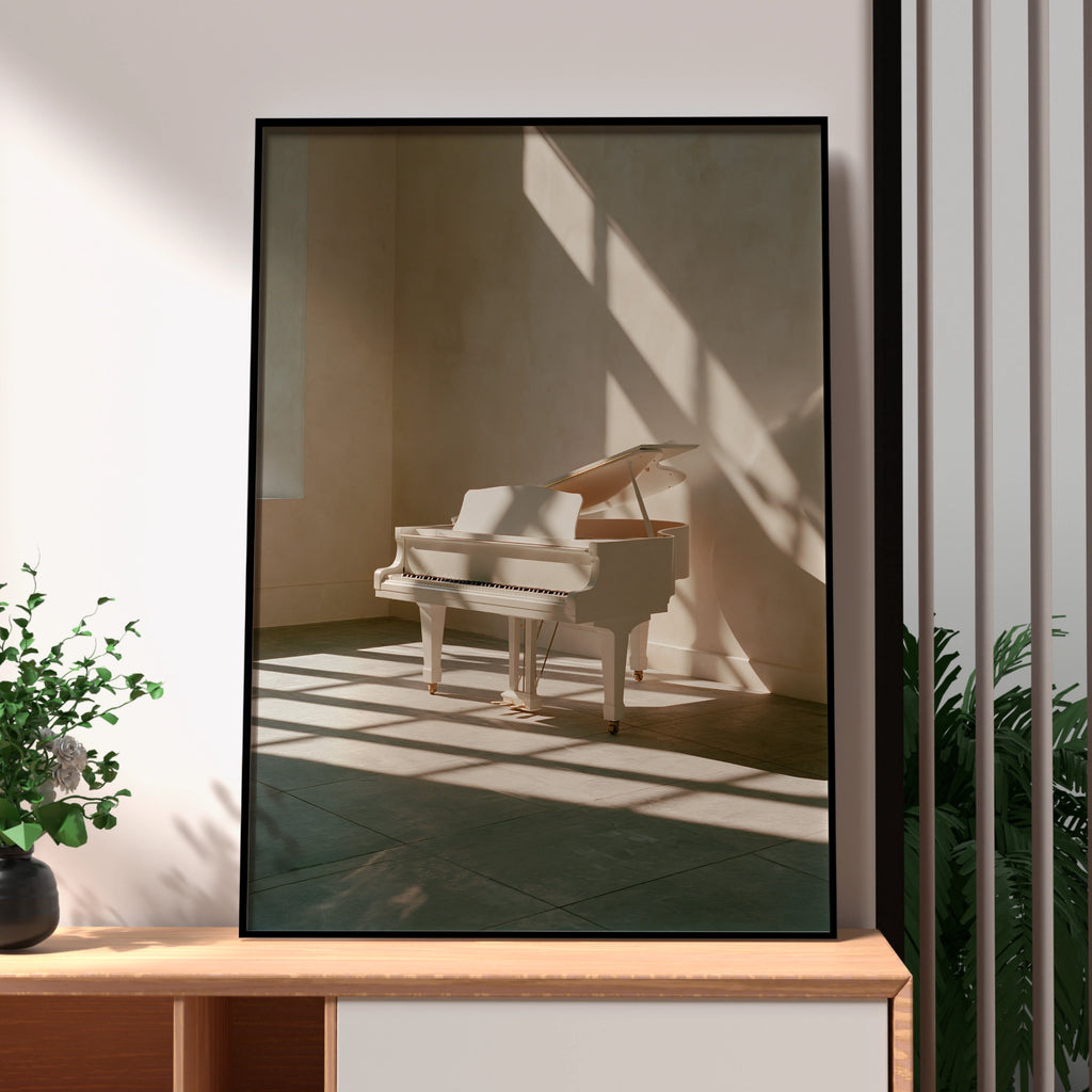 White Grand Piano Sunlight Poster, Minimalist Music Room Art Print