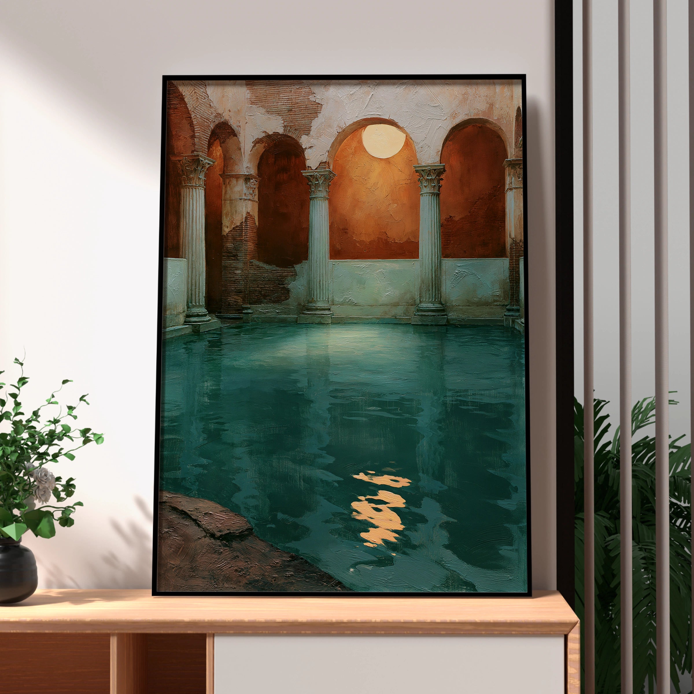 Roman Bath Moon Poster, Ancient Columns Arch Wall Art, Teal Oil Painting Print