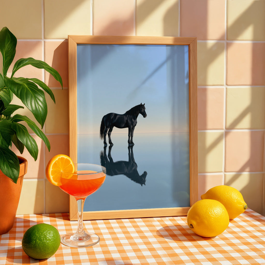 Black Stallion Reflection Water Poster, Minimalist Horse Wall Art Print