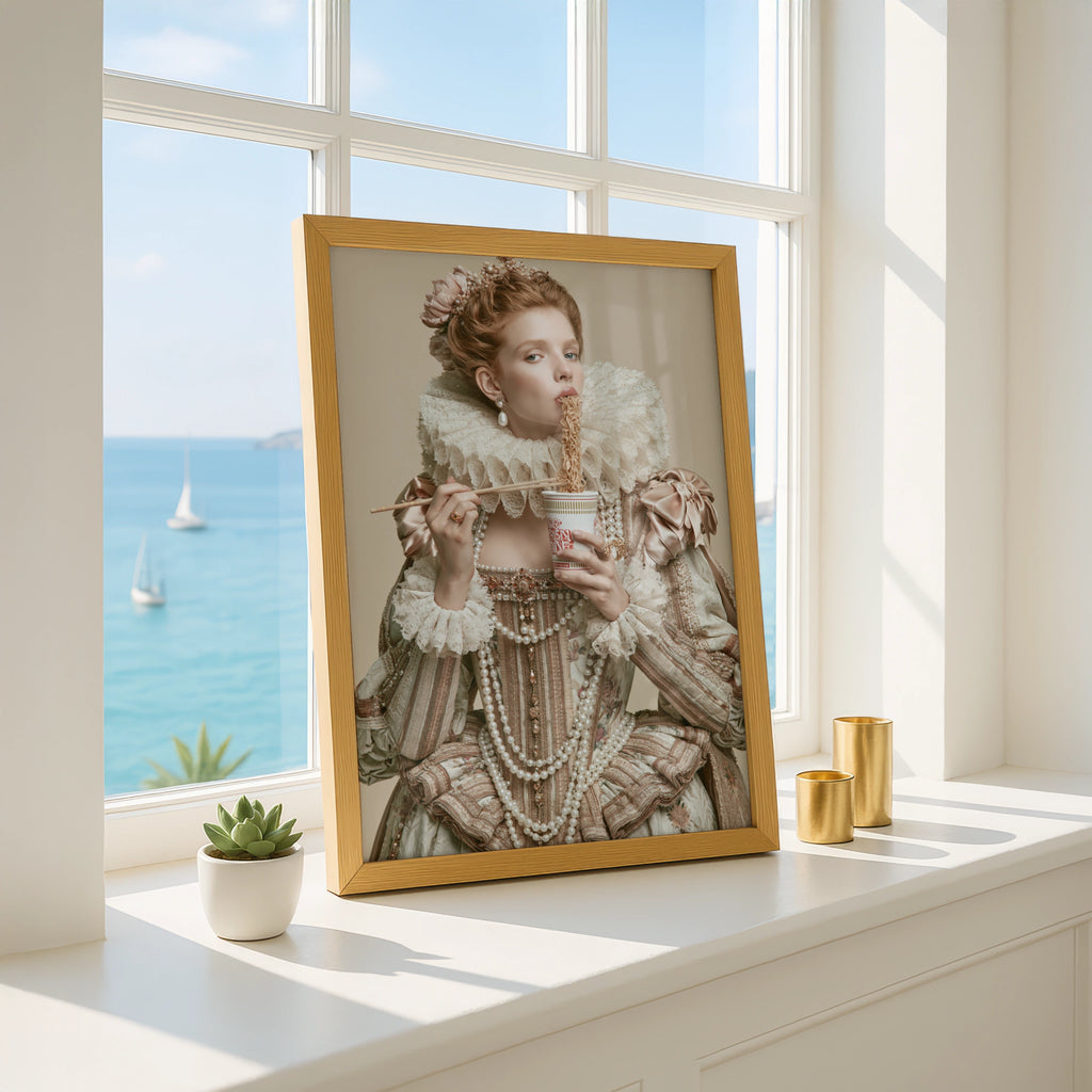 Renaissance Queen Eating Instant Noodles Poster, Baroque Humour Wall Art