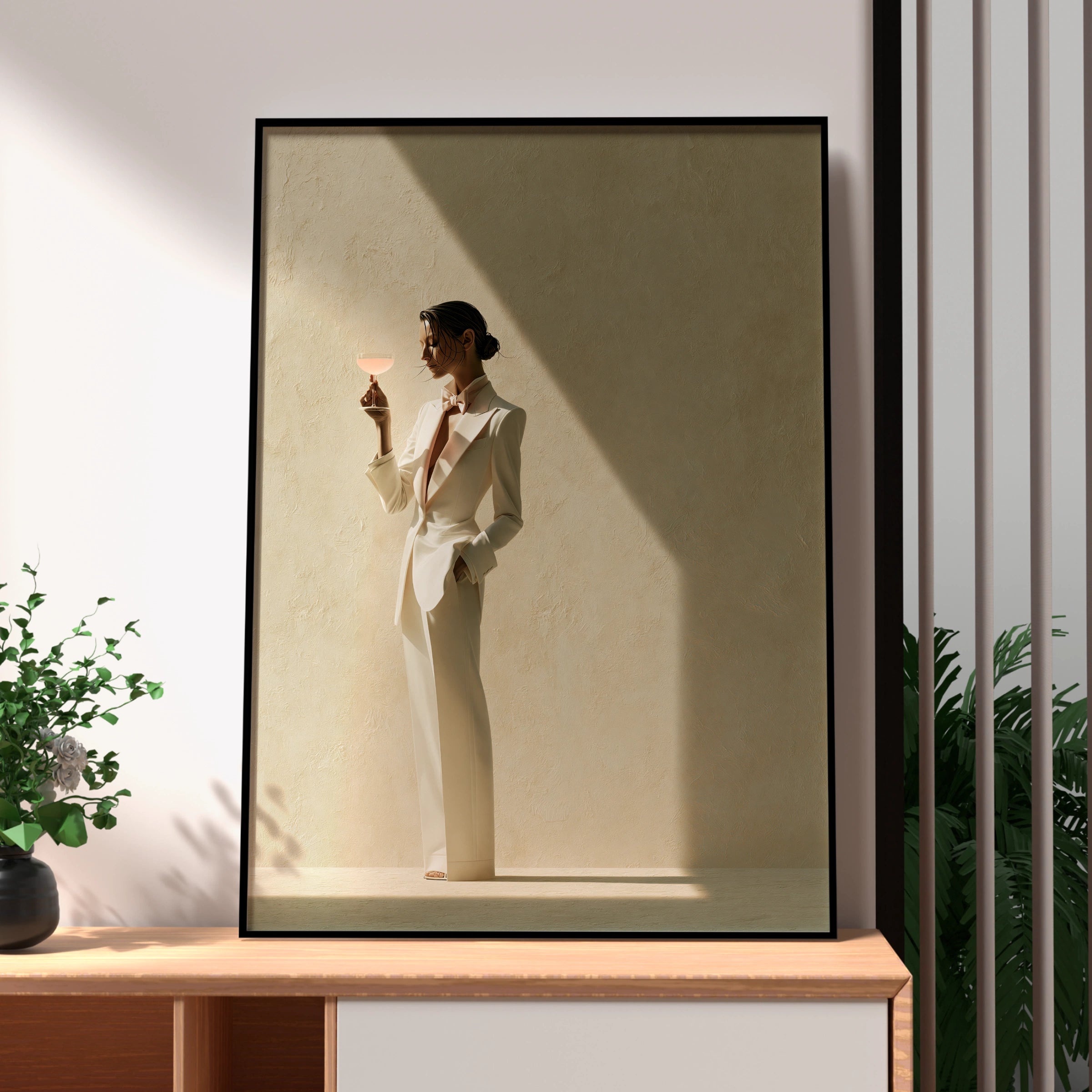 Woman White Tuxedo Cocktail Poster, Elegant Fashion Wall Art, Minimalist Print