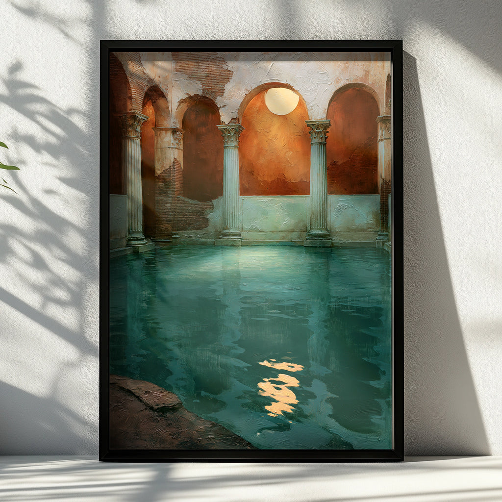 Roman Bath Moon Poster, Ancient Columns Arch Wall Art, Teal Oil Painting Print