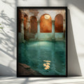 Roman Bath Moon Poster, Ancient Columns Arch Wall Art, Teal Oil Painting Print