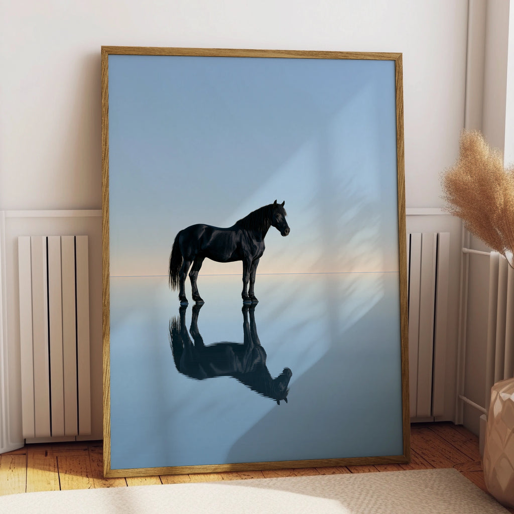 Black Stallion Reflection Water Poster, Minimalist Horse Wall Art Print