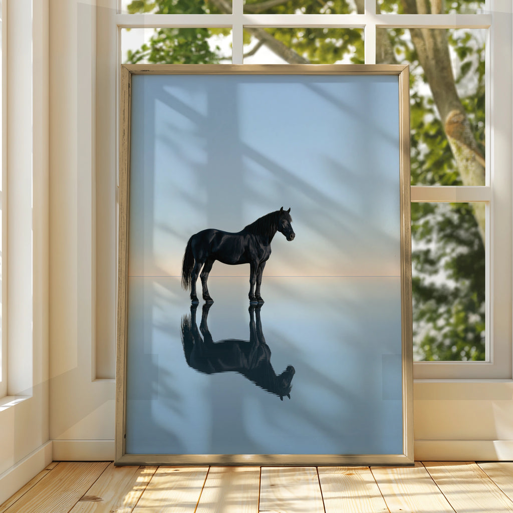 Black Stallion Reflection Water Poster, Minimalist Horse Wall Art Print