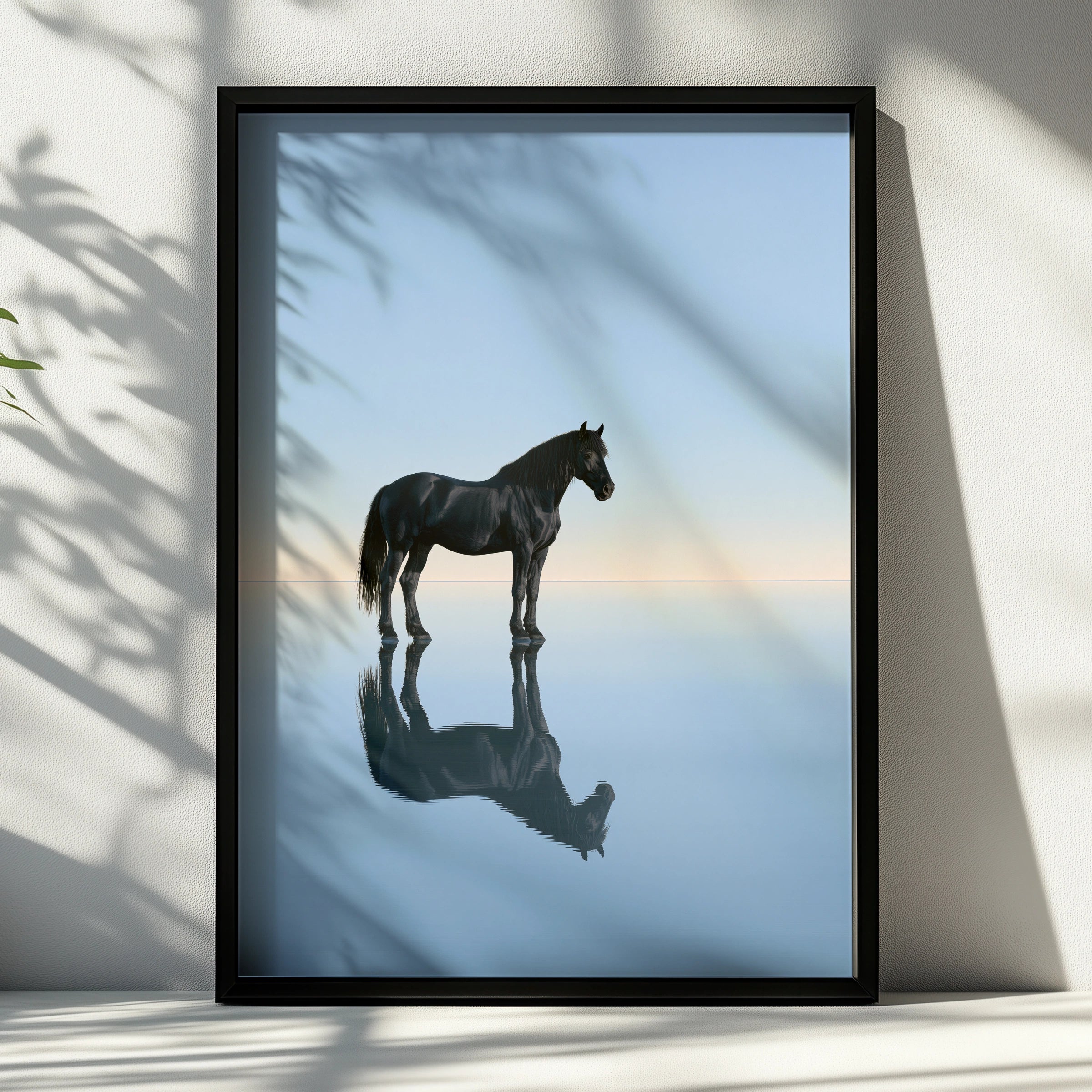 Black Stallion Reflection Water Poster, Minimalist Horse Wall Art Print