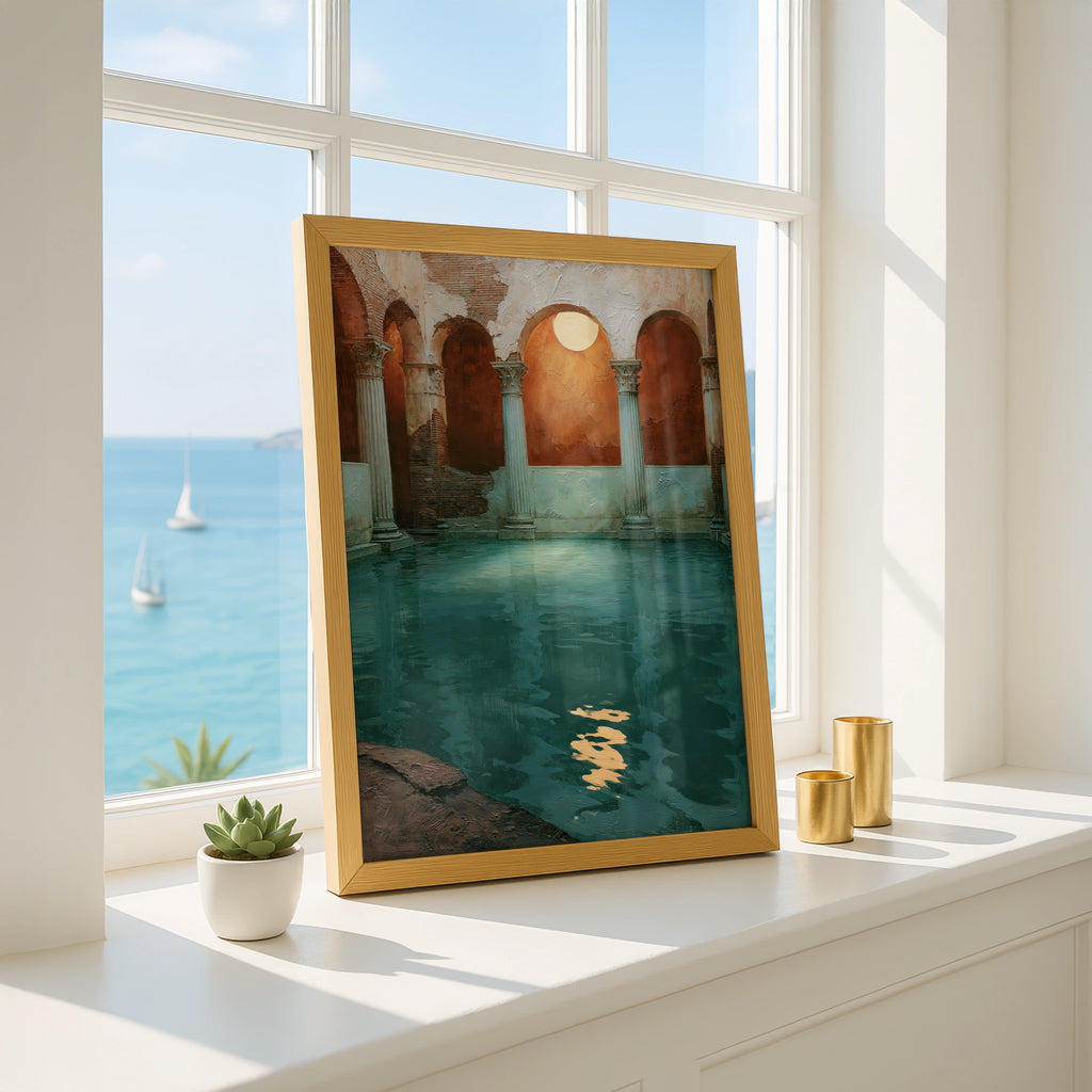 Roman Bath Moon Poster, Ancient Columns Arch Wall Art, Teal Oil Painting Print