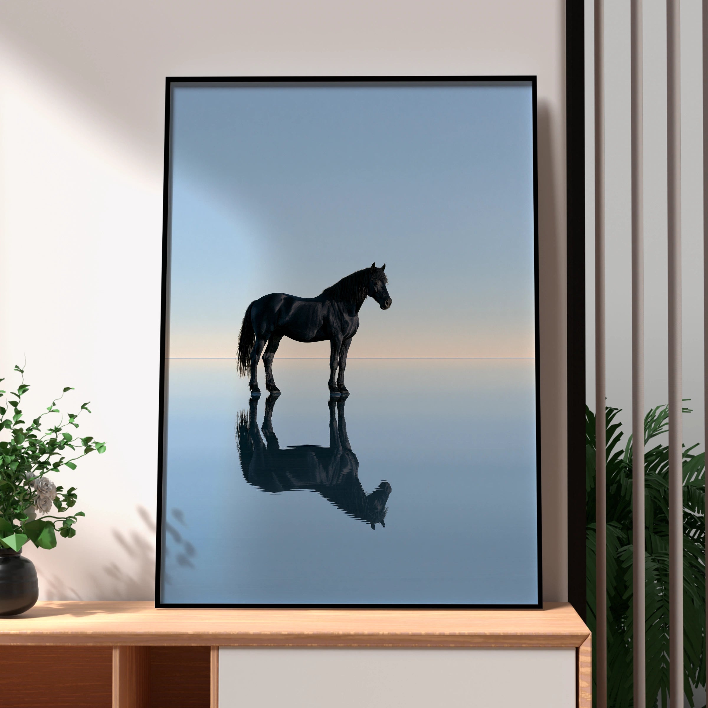 Black Stallion Reflection Water Poster, Minimalist Horse Wall Art Print