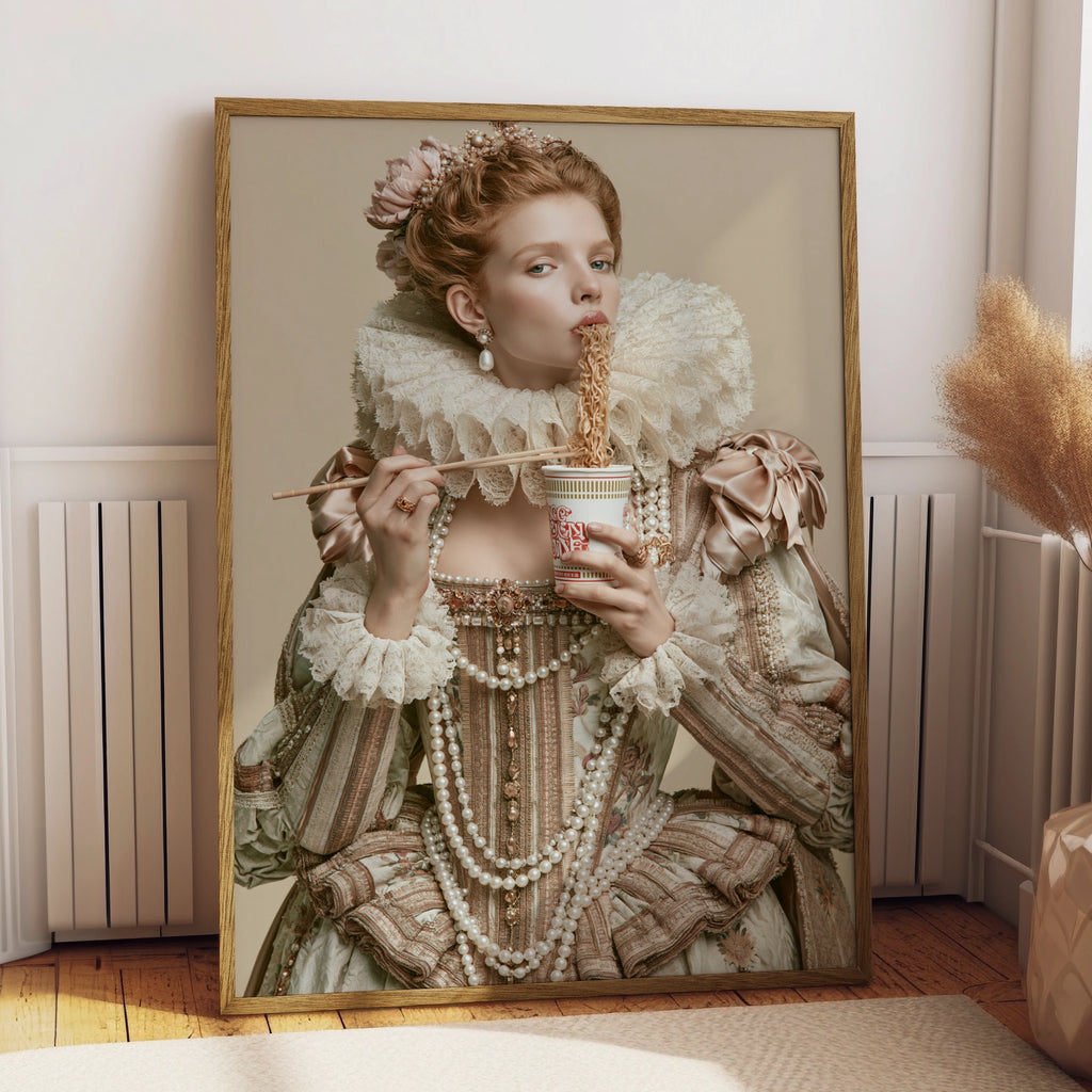 Renaissance Queen Eating Instant Noodles Poster, Baroque Humour Wall Art
