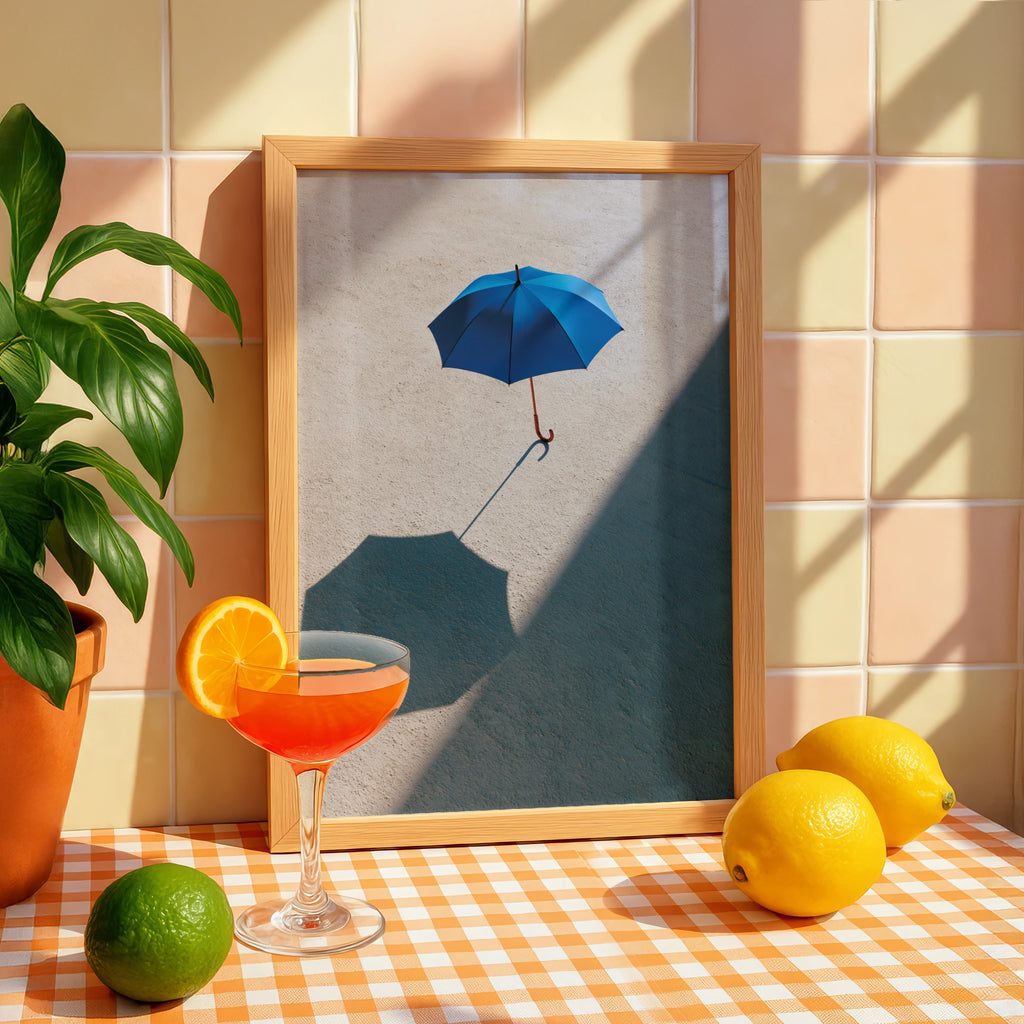 Blue Umbrella Shadow Photography Poster, Minimalist Wall Art Print