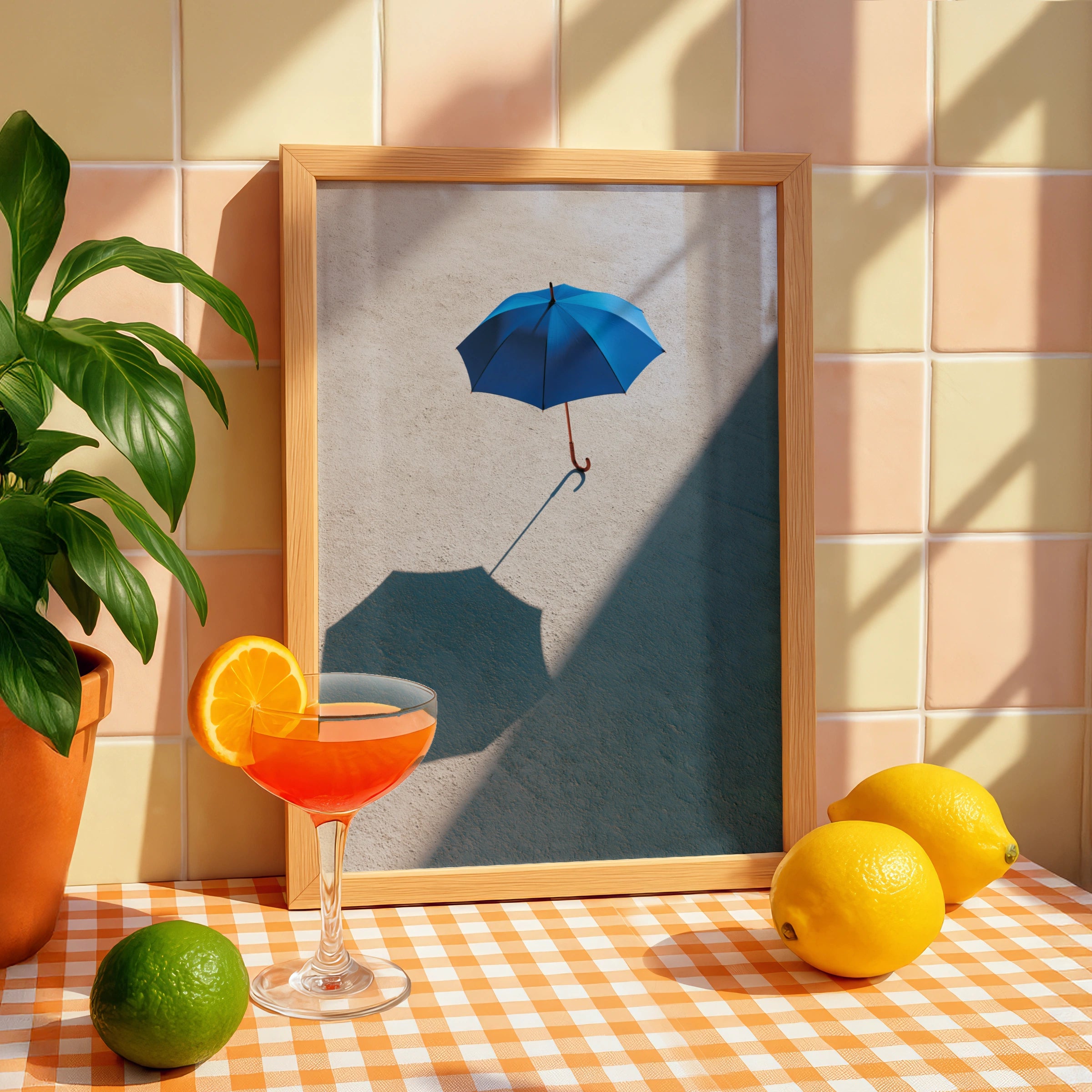 Blue Umbrella Shadow Photography Poster, Minimalist Wall Art Print