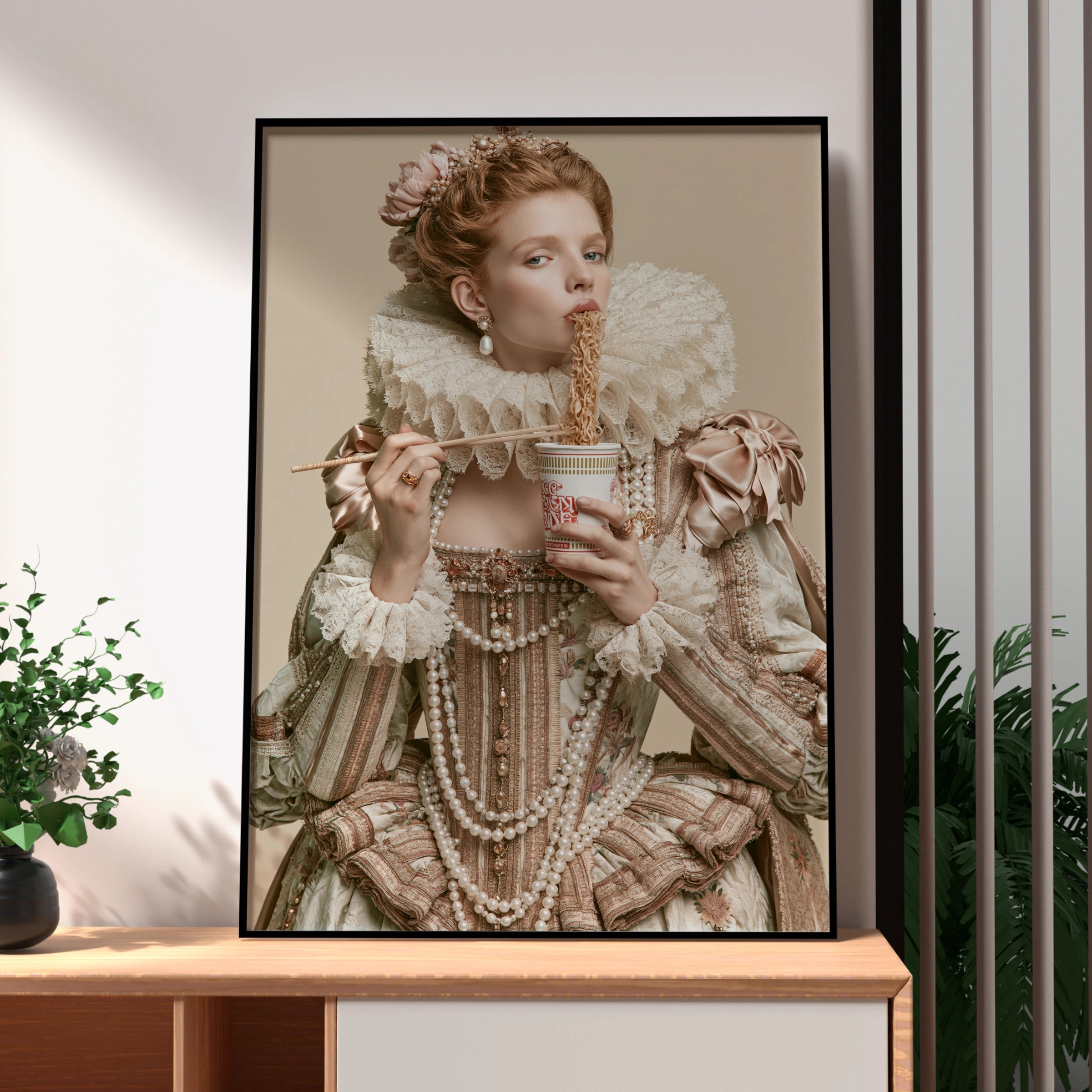 Renaissance Queen Eating Instant Noodles Poster, Baroque Humour Wall Art