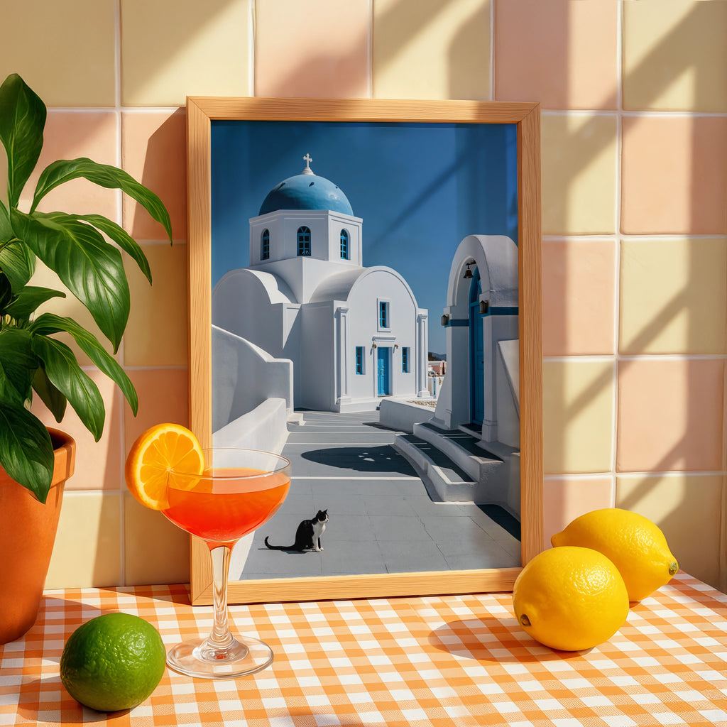 Santorini Cat Poster, Greek Blue Dome Church, Mediterranean Travel Wall Art