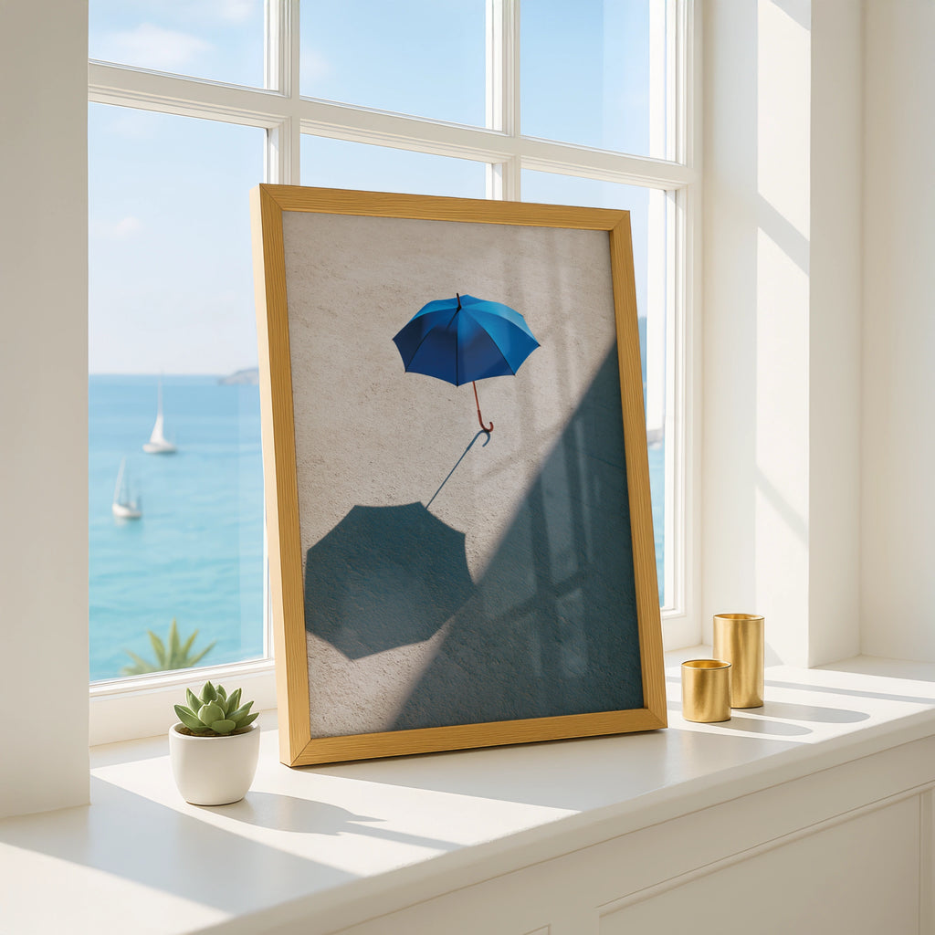 Blue Umbrella Shadow Photography Poster, Minimalist Wall Art Print
