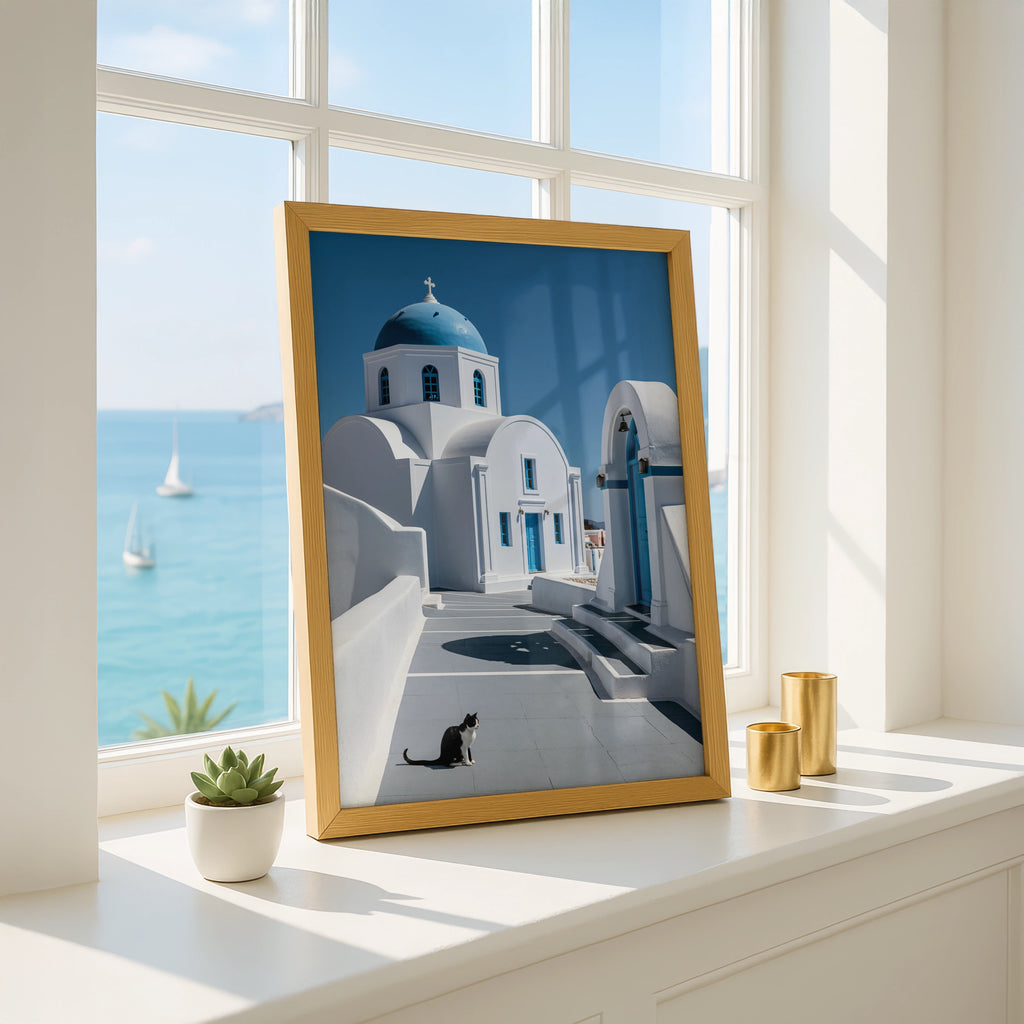 Santorini Cat Poster, Greek Blue Dome Church, Mediterranean Travel Wall Art