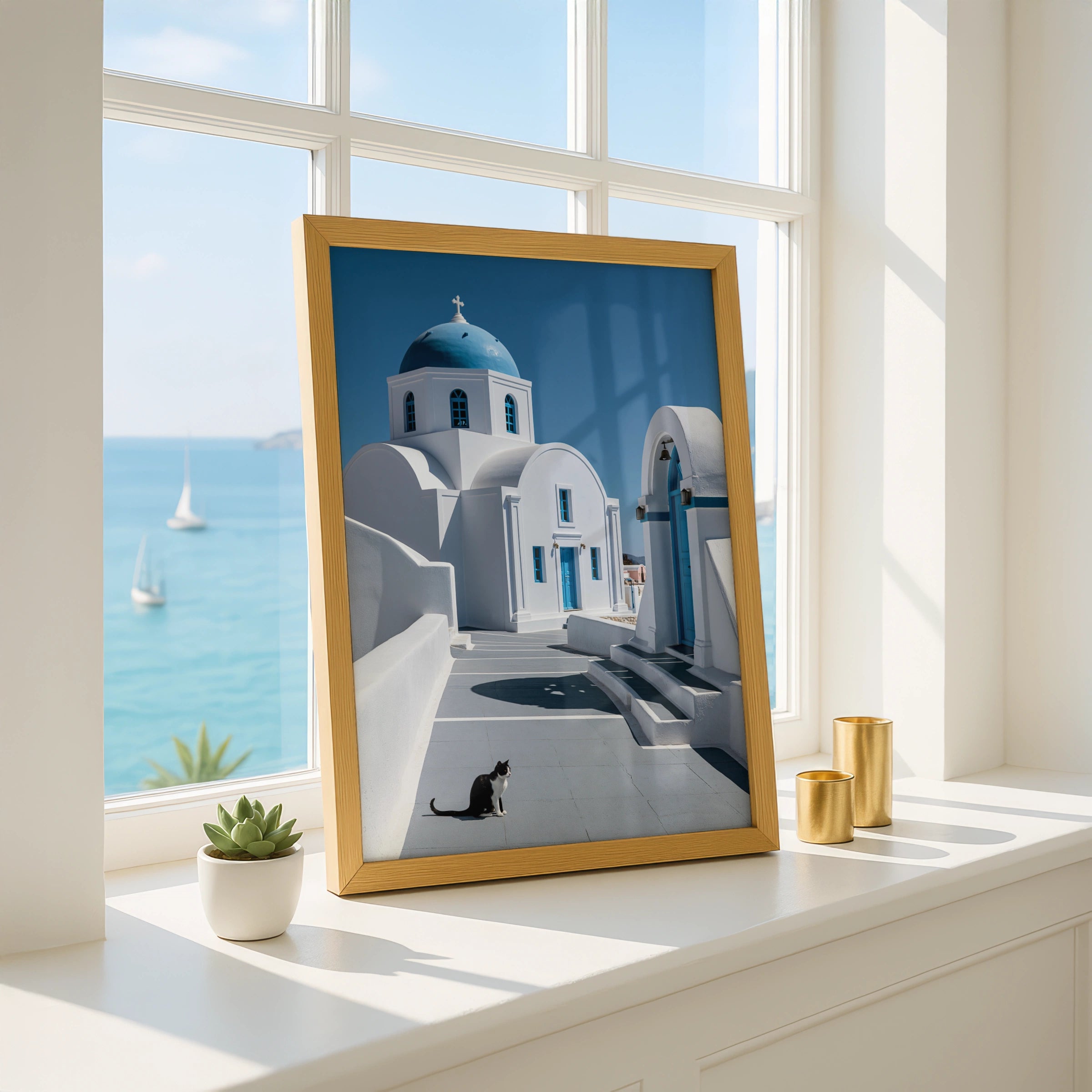 Santorini Cat Poster, Greek Blue Dome Church, Mediterranean Travel Wall Art