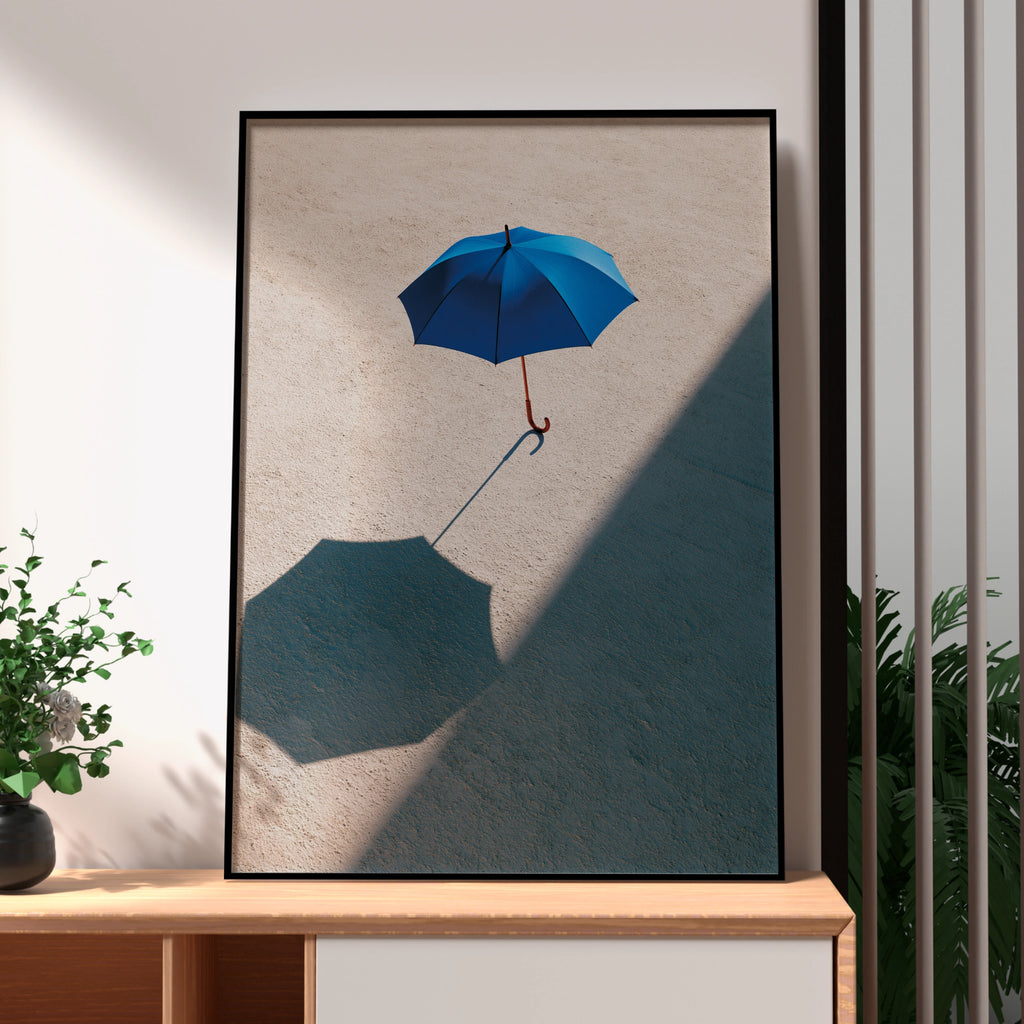 Blue Umbrella Shadow Photography Poster, Minimalist Wall Art Print
