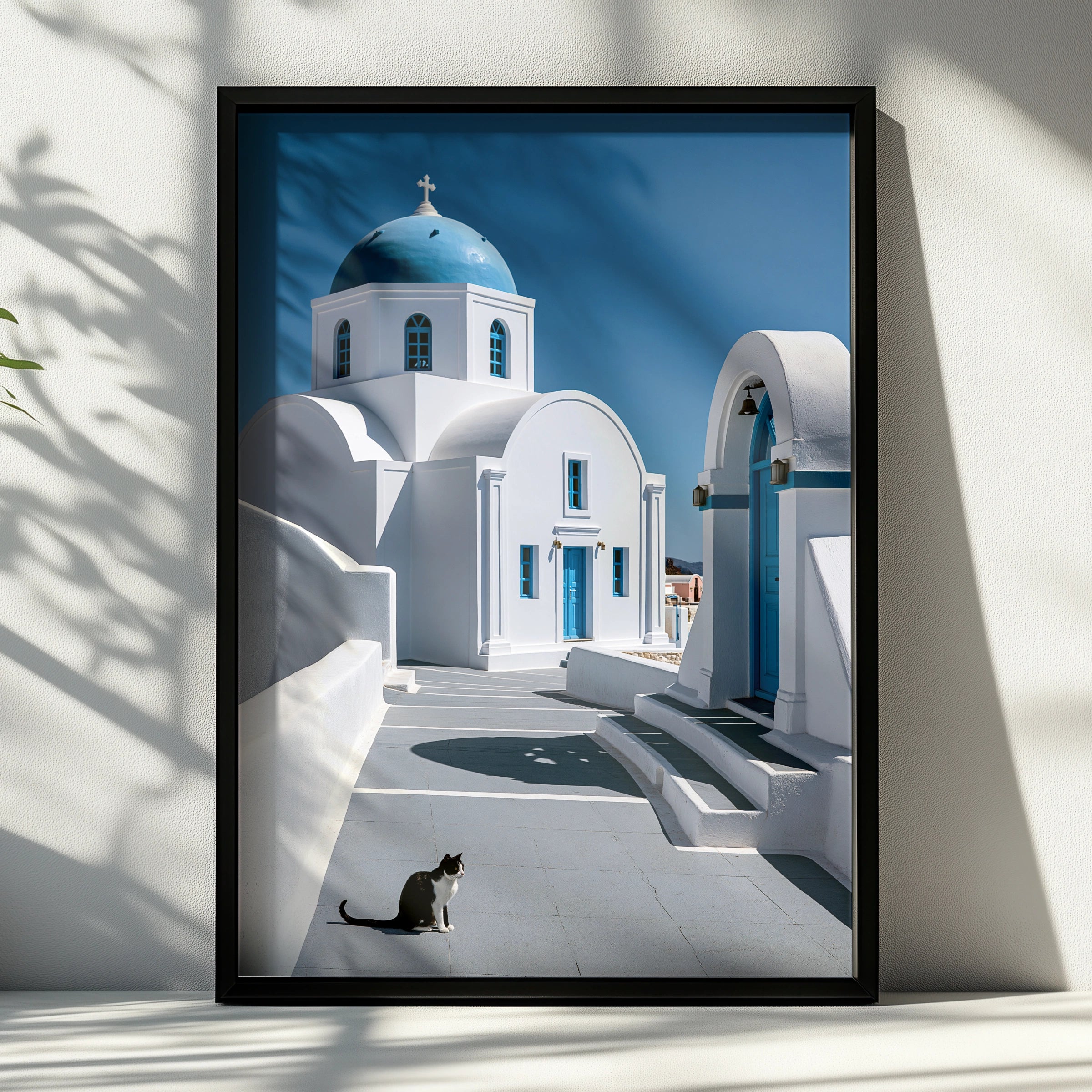 Santorini Cat Poster, Greek Blue Dome Church, Mediterranean Travel Wall Art