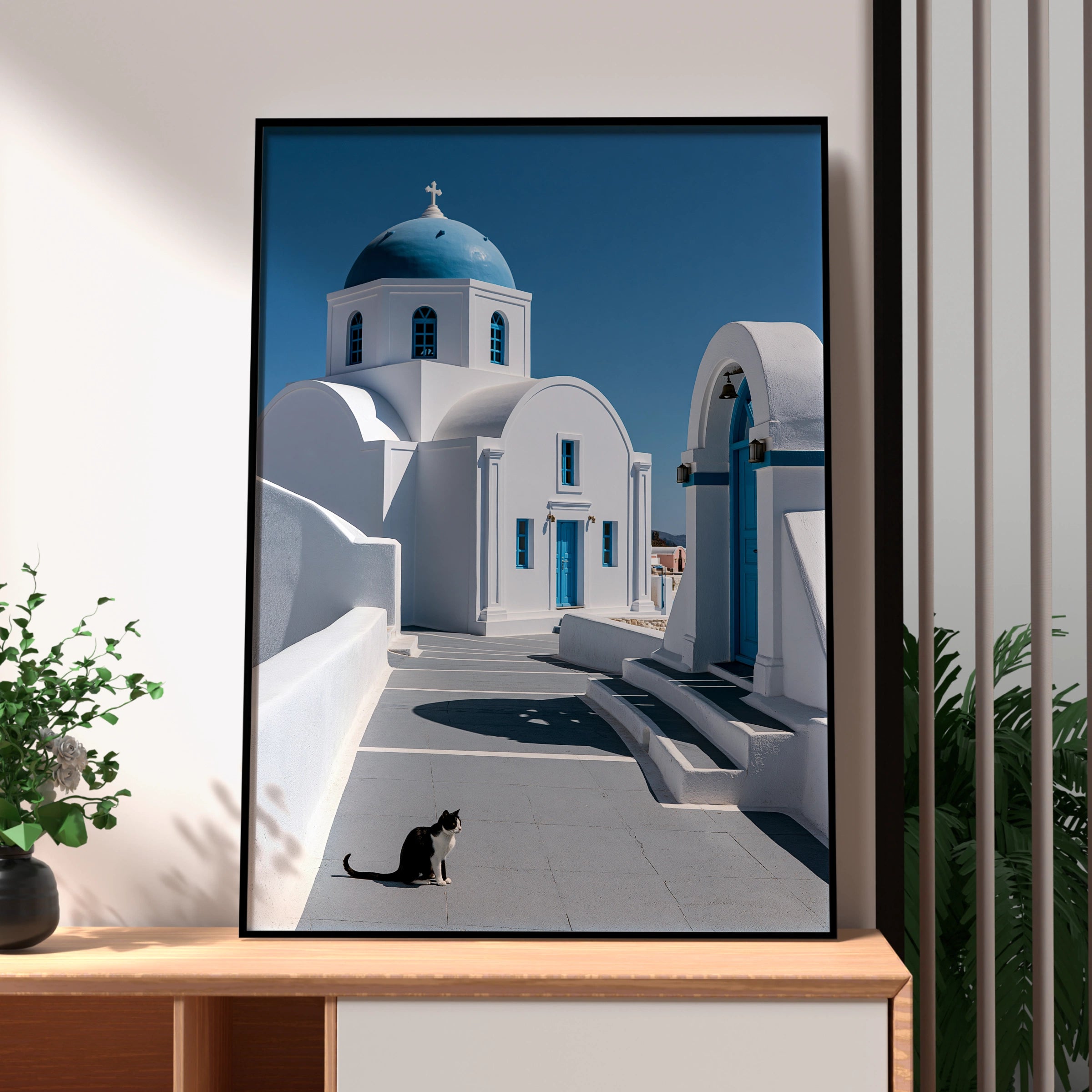 Santorini Cat Poster, Greek Blue Dome Church, Mediterranean Travel Wall Art