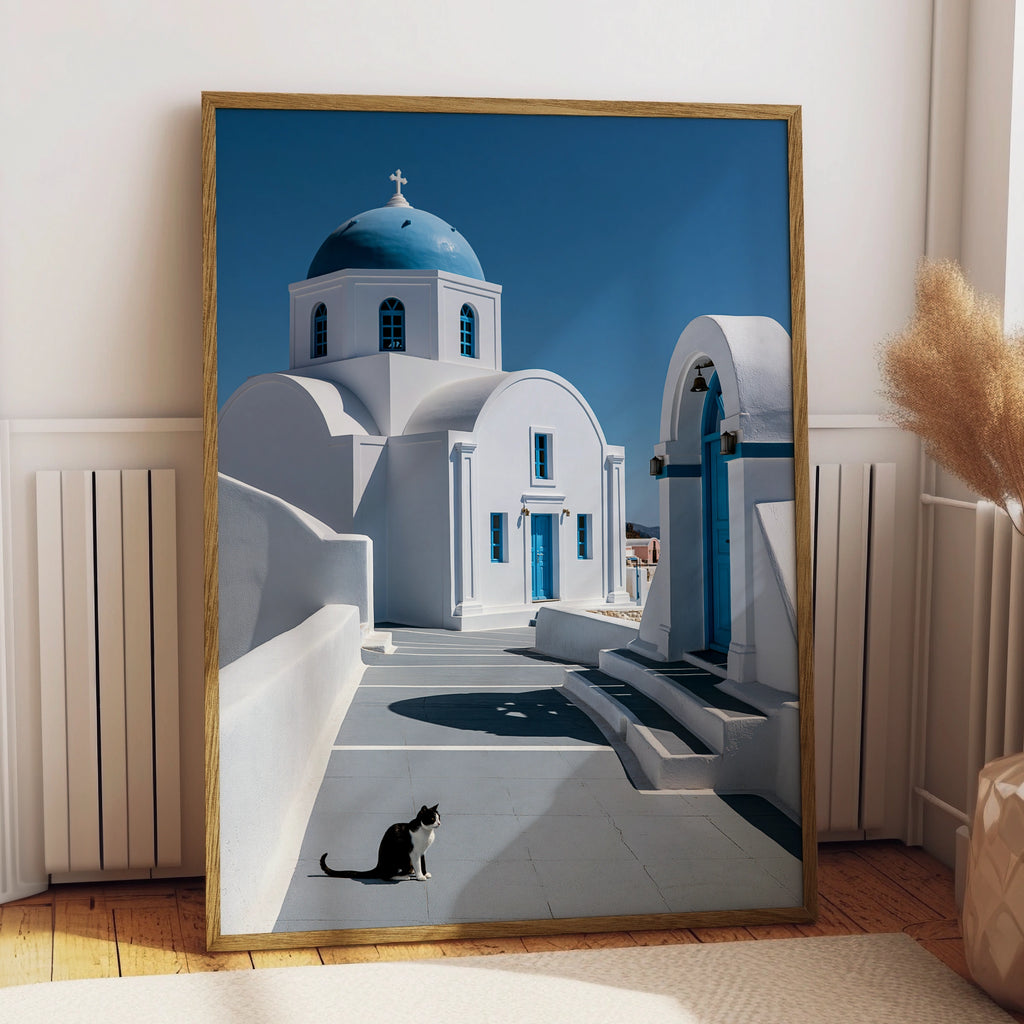Santorini Cat Poster, Greek Blue Dome Church, Mediterranean Travel Wall Art