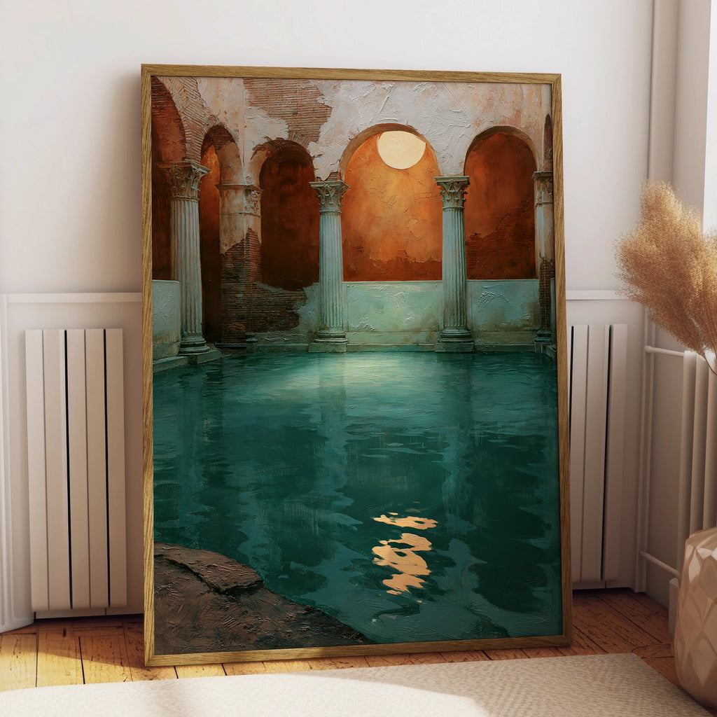 Roman Bath Moon Poster, Ancient Columns Arch Wall Art, Teal Oil Painting Print