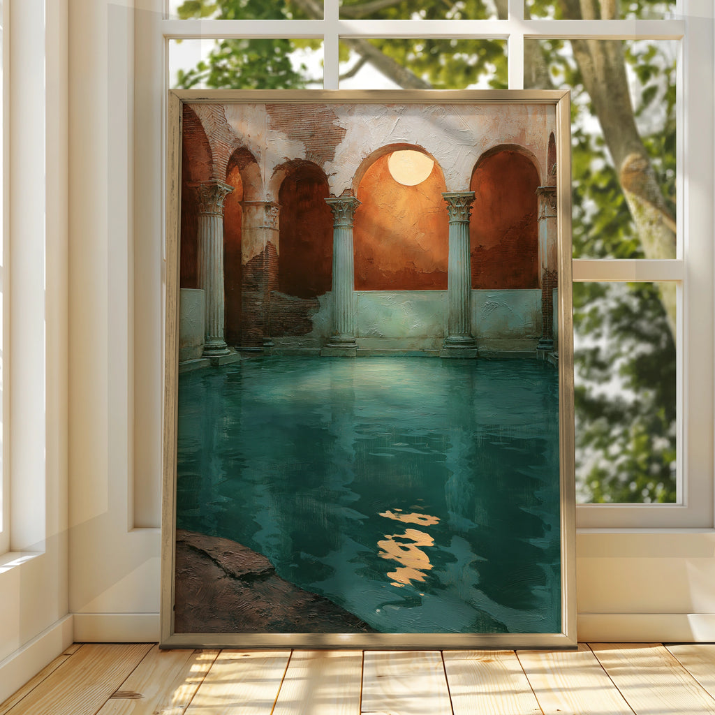 Roman Bath Moon Poster, Ancient Columns Arch Wall Art, Teal Oil Painting Print