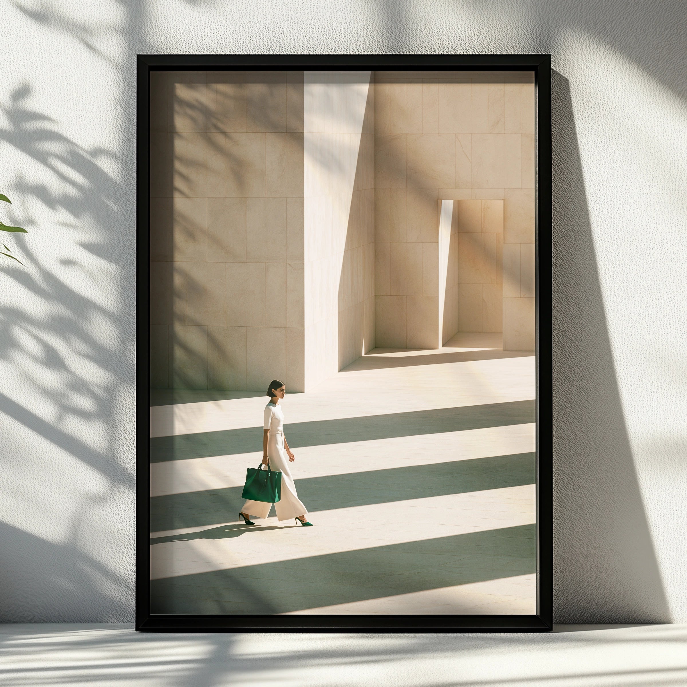 Woman White Dress Cream Architecture Poster, Minimalist Fashion Wall Art