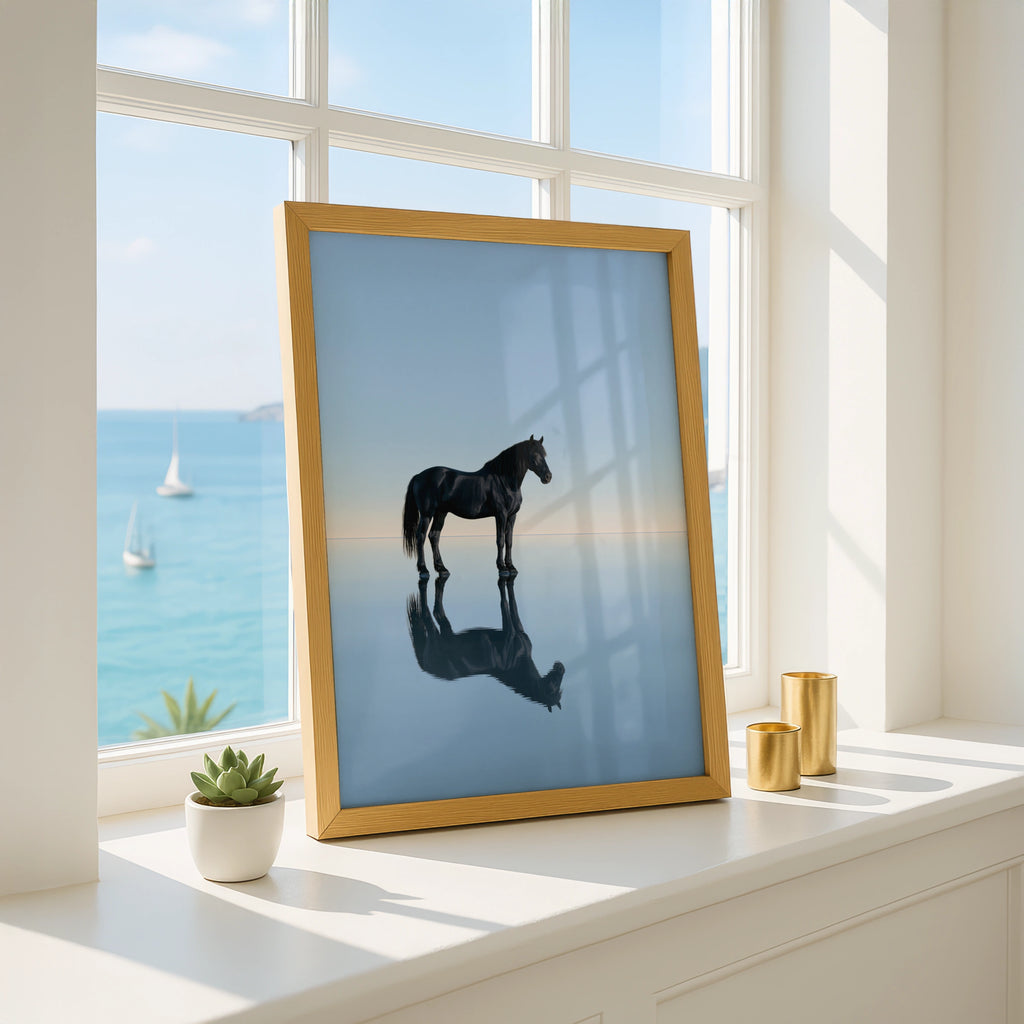 Black Stallion Reflection Water Poster, Minimalist Horse Wall Art Print