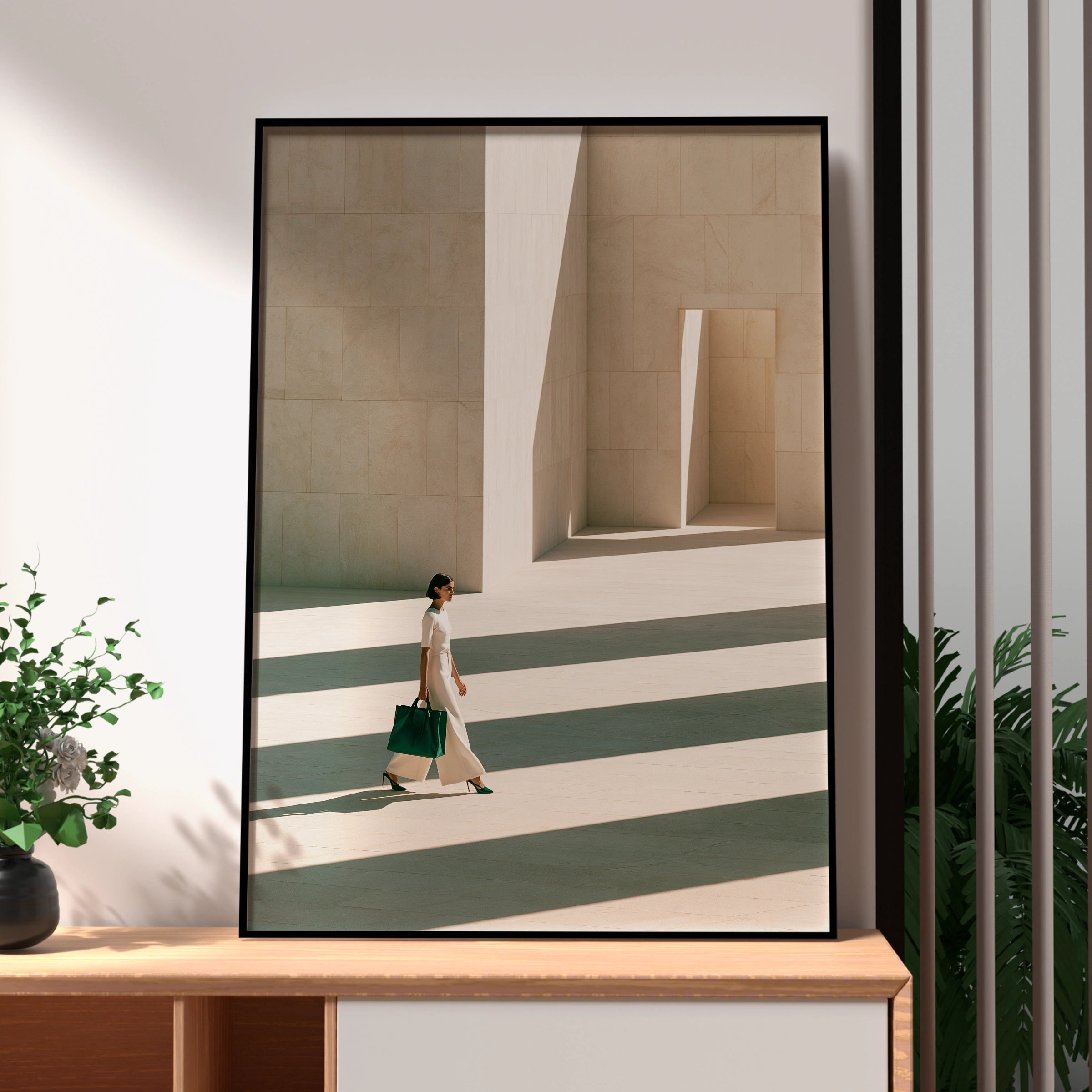 Woman White Dress Cream Architecture Poster, Minimalist Fashion Wall Art
