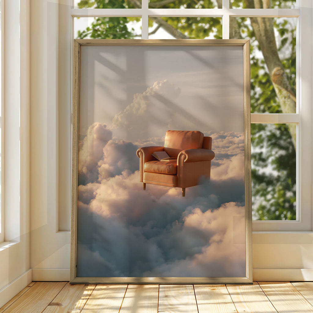 Armchair in the Clouds Poster, Surreal Sky Art Print, Dreamy Tan Leather