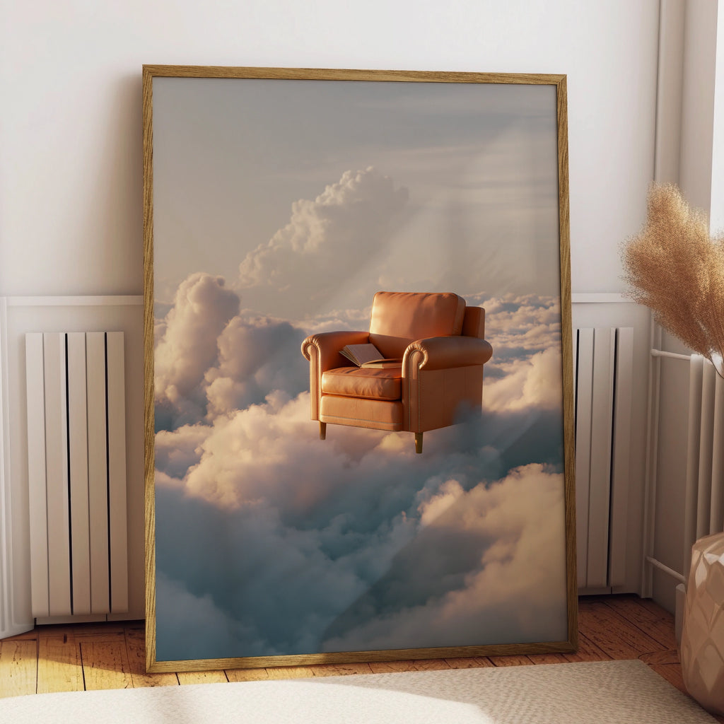Armchair in the Clouds Poster, Surreal Sky Art Print, Dreamy Tan Leather