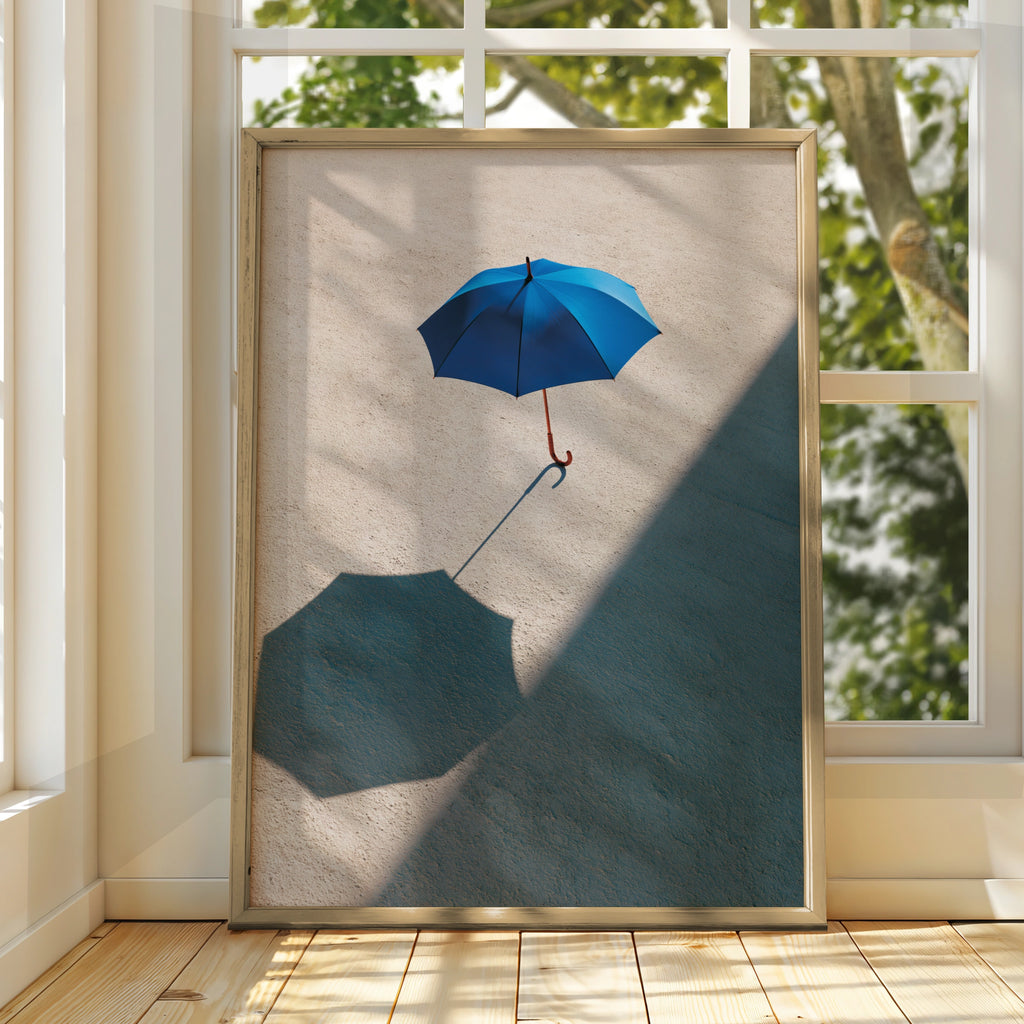Blue Umbrella Shadow Photography Poster, Minimalist Wall Art Print