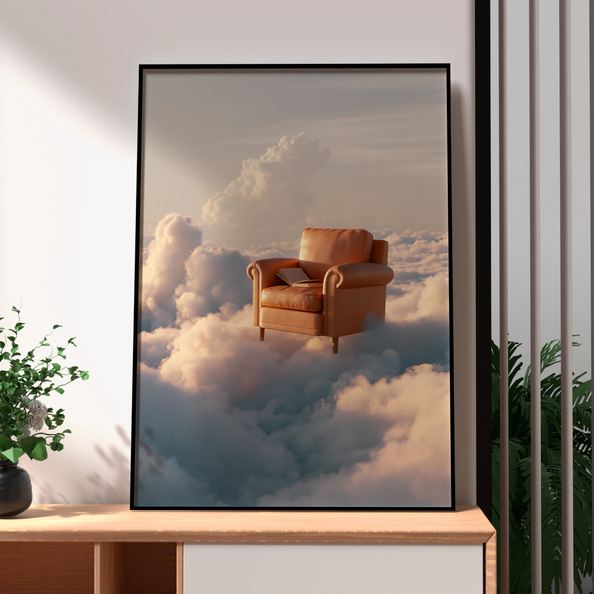 Armchair in the Clouds Poster, Surreal Sky Art Print, Dreamy Tan Leather