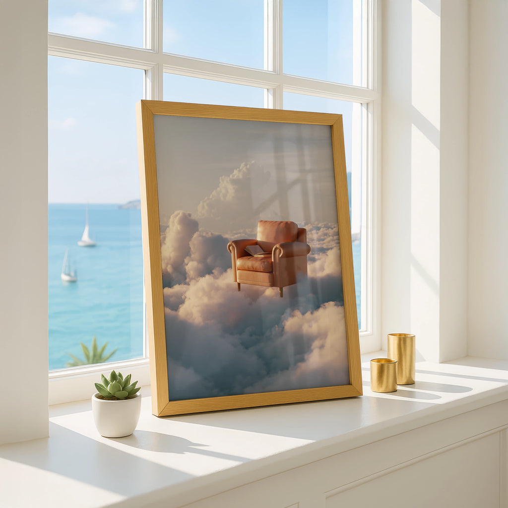 Armchair in the Clouds Poster, Surreal Sky Art Print, Dreamy Tan Leather