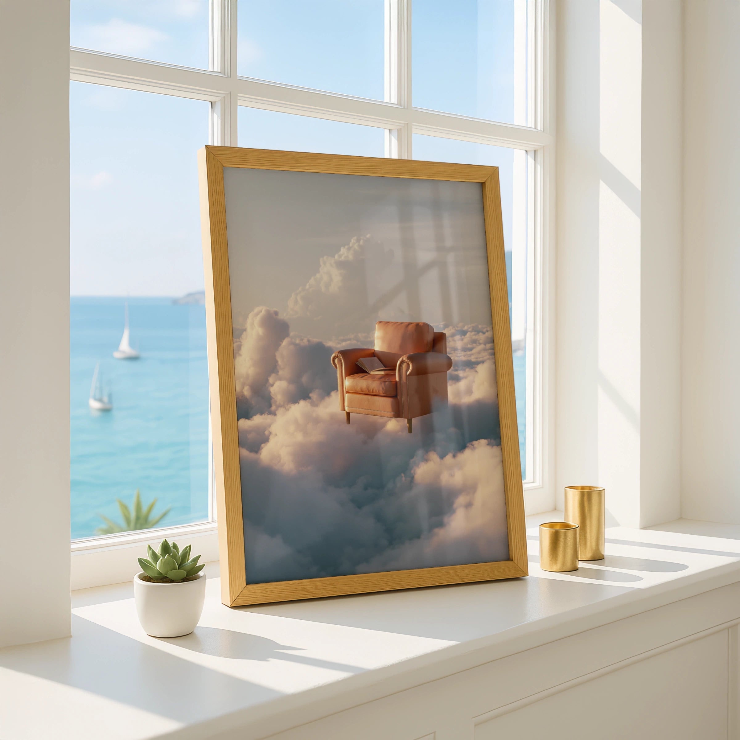 Armchair in the Clouds Poster, Surreal Sky Art Print, Dreamy Tan Leather